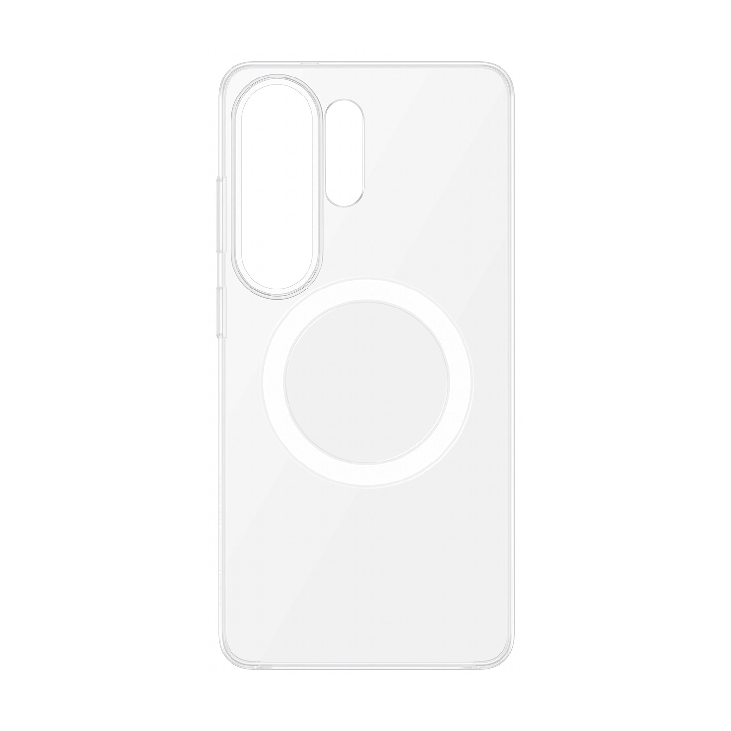 Custodia trasparente per telefono con area MagSafe circolare e ritaglio fotocamera.