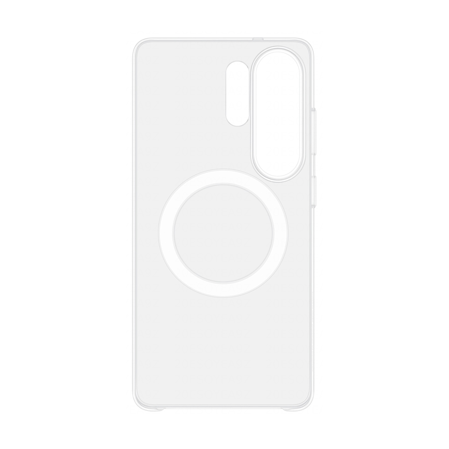 Custodia trasparente per telefono con anello MagSafe circolare e ritaglio fotocamera.