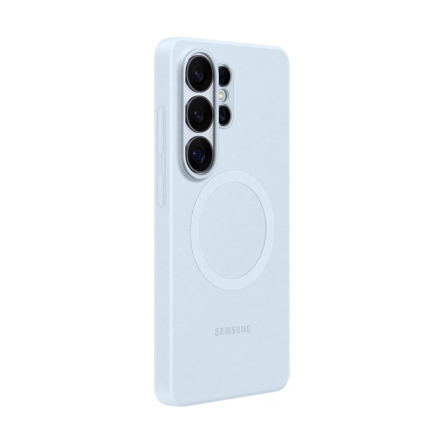 Custodia azzurra per telefono con ritaglio tripla fotocamera e anello MagSafe.