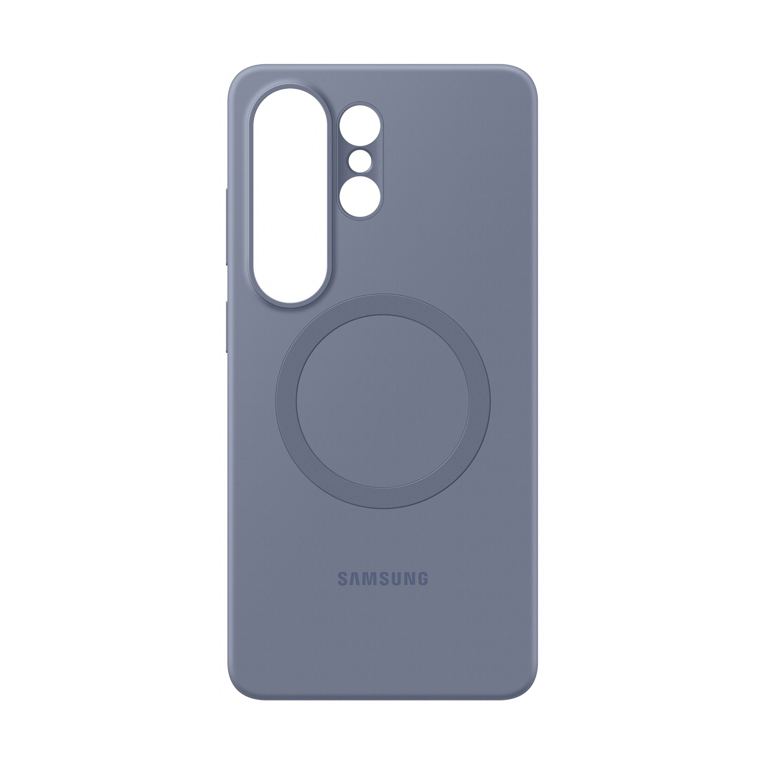 Custodia grigia per telefono con ritaglio fotocamera e logo Samsung.