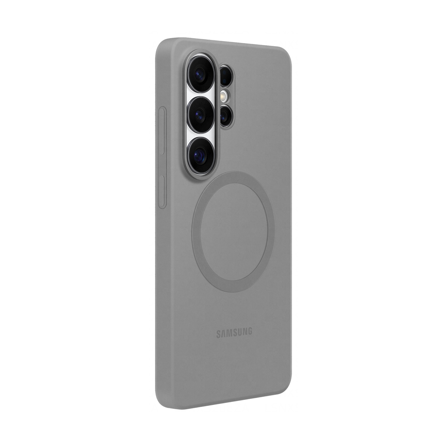 Custodia grigia per telefono con array di fotocamere e anello magnetico.