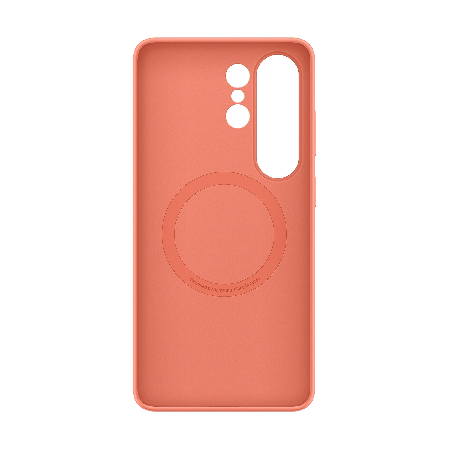 Una custodia per telefono color corallo con ritagli per fotocamera e porta di ricarica.