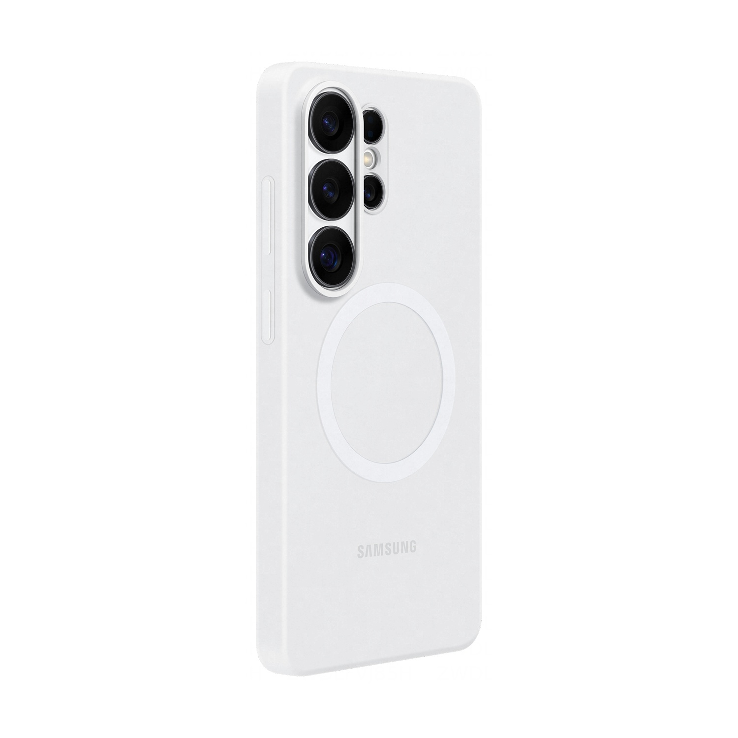 Custodia bianca per telefono con modulo fotocamera e logo Samsung.