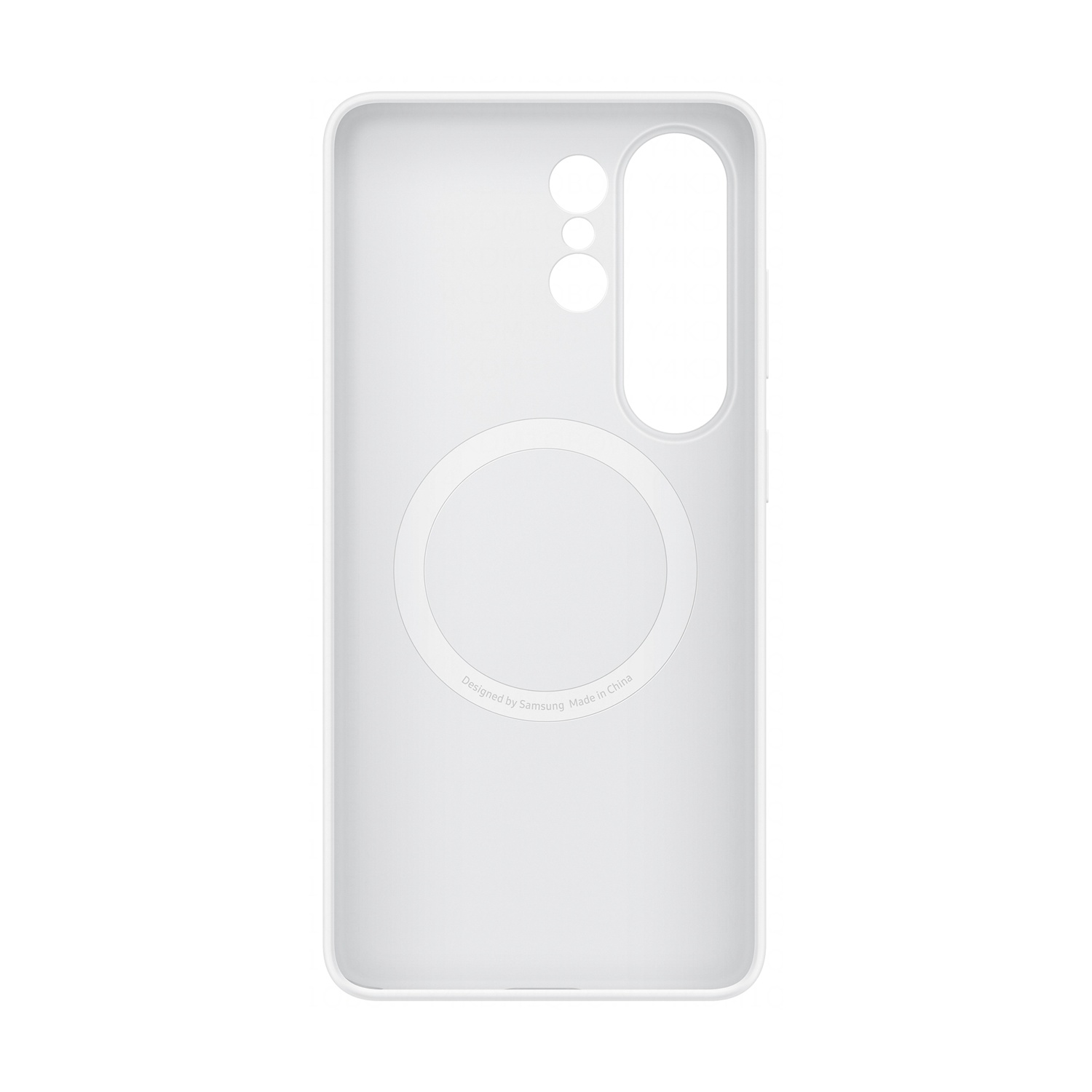 Custodia bianca per telefono con ritagli per fotocamera e porta di ricarica.