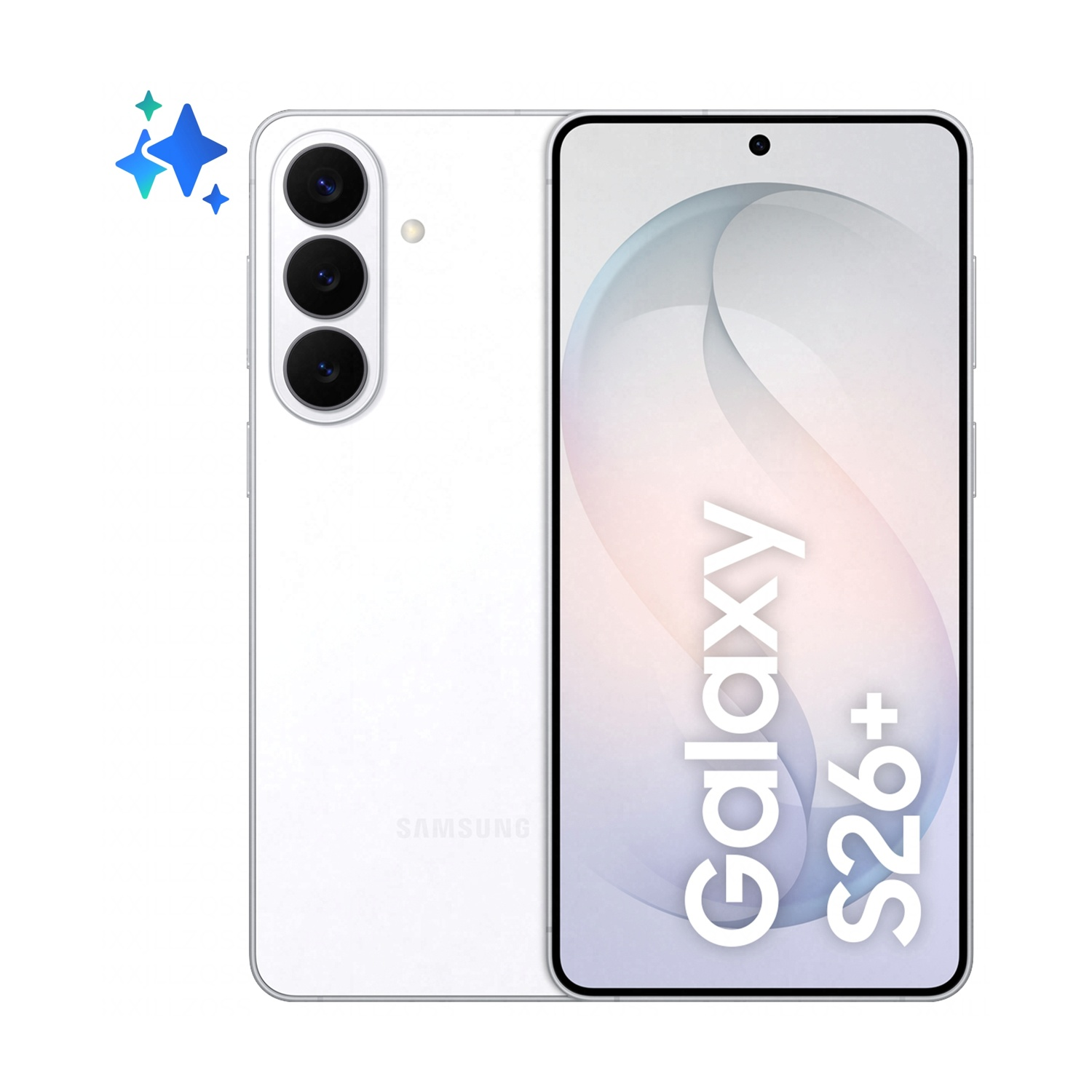 Uno smartphone Samsung Galaxy S26+ bianco con tre fotocamere e stelle.