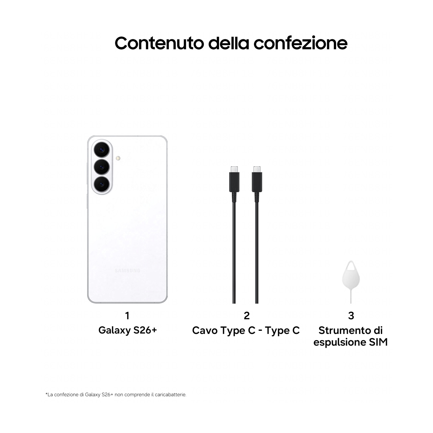 Contenuto: Telefono bianco Galaxy S26+, 2 cavi USB-C, strumento SIM.
