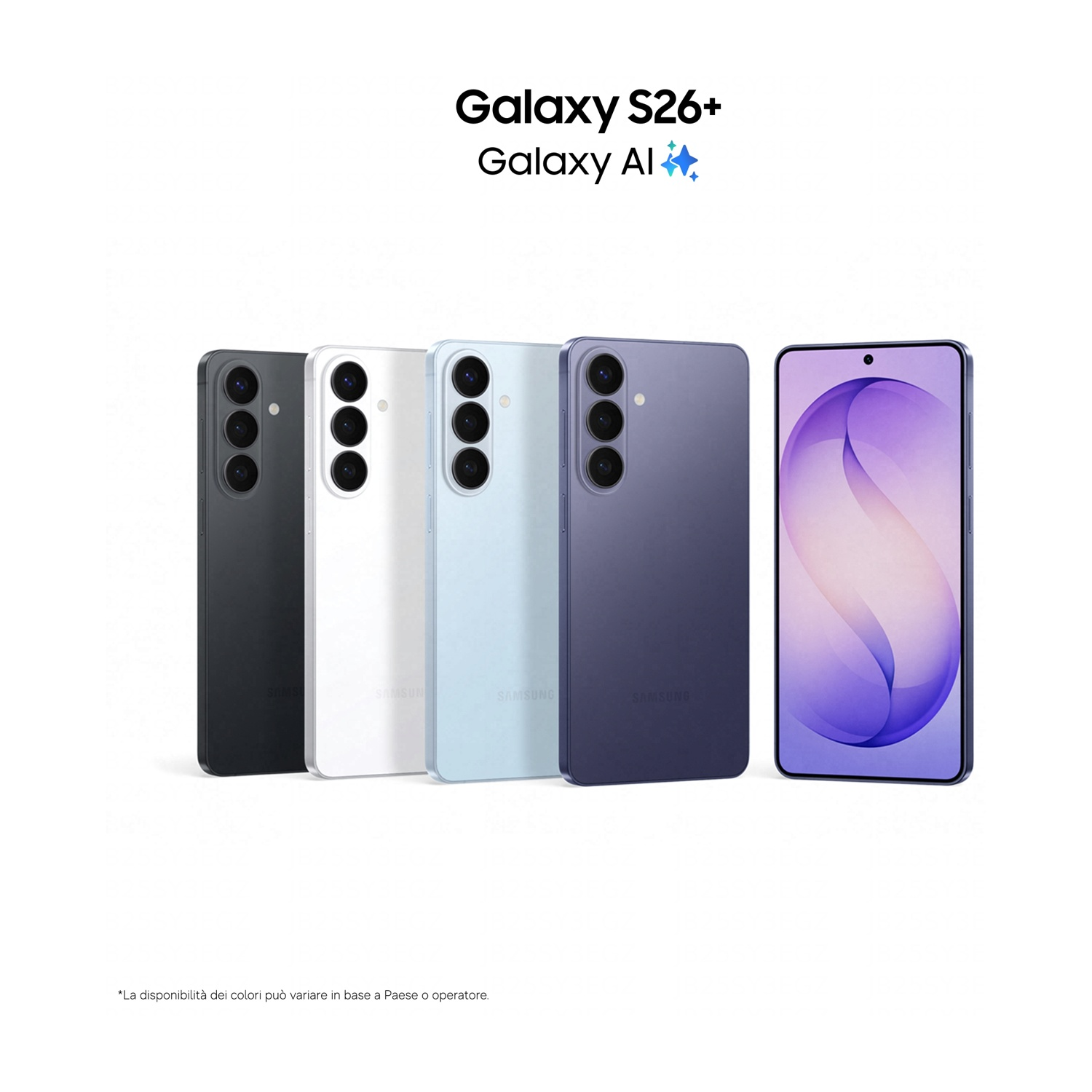 Quattro telefoni Samsung Galaxy neri, bianchi, azzurri e viola affiancati.