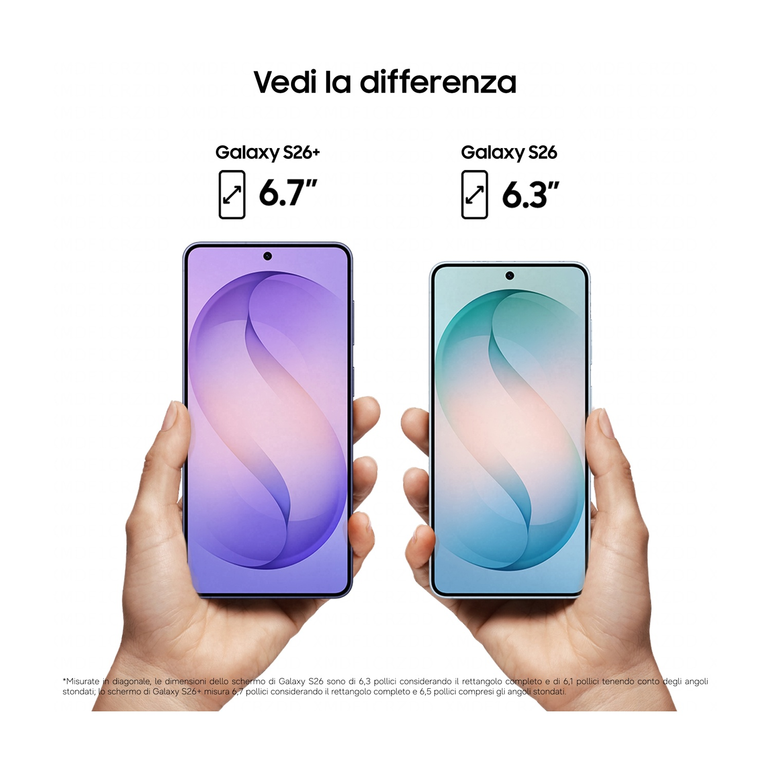 Due mani tengono Galaxy S26+ (6,7 pollici) e S26 (6,3 pollici) affiancati.