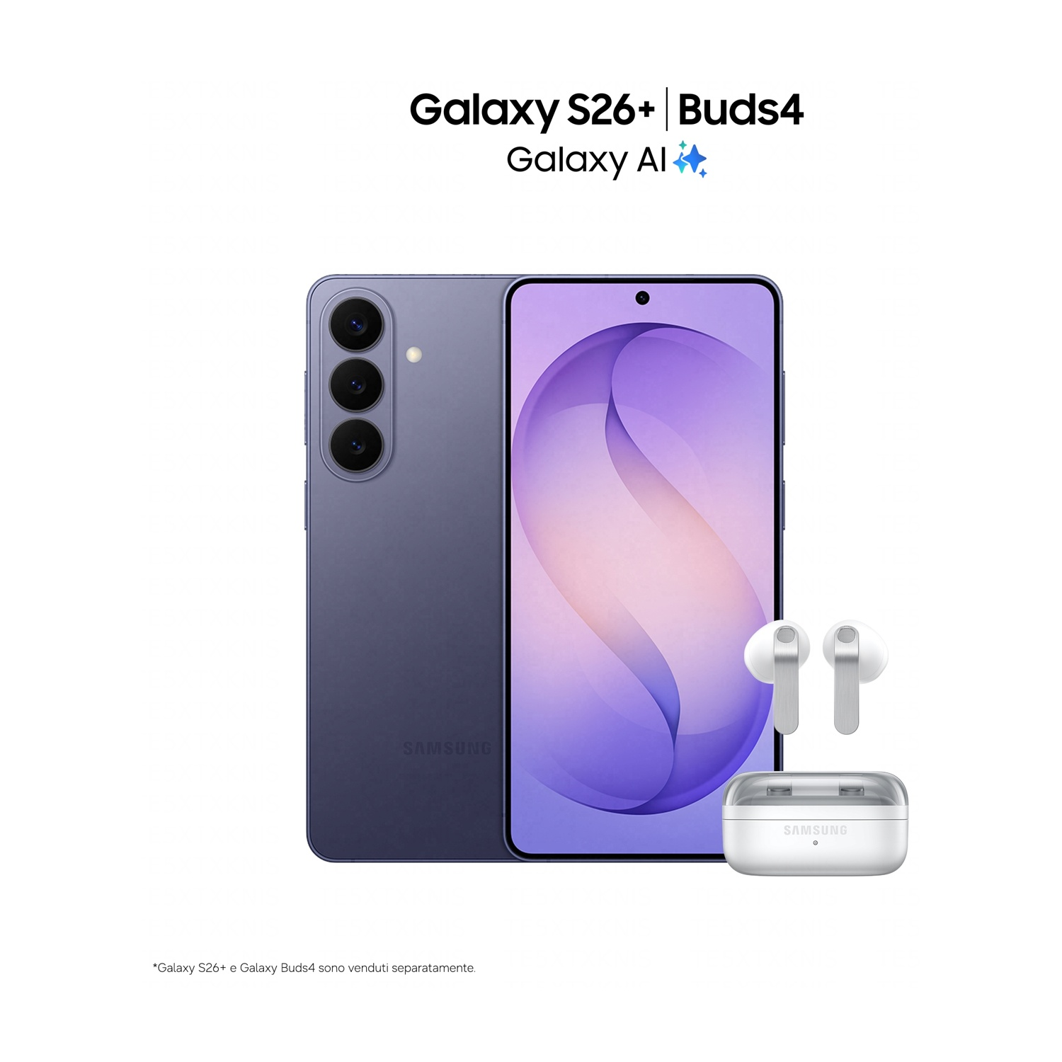 Un telefono Samsung Galaxy S26+ viola con tre fotocamere e Galaxy Buds4.