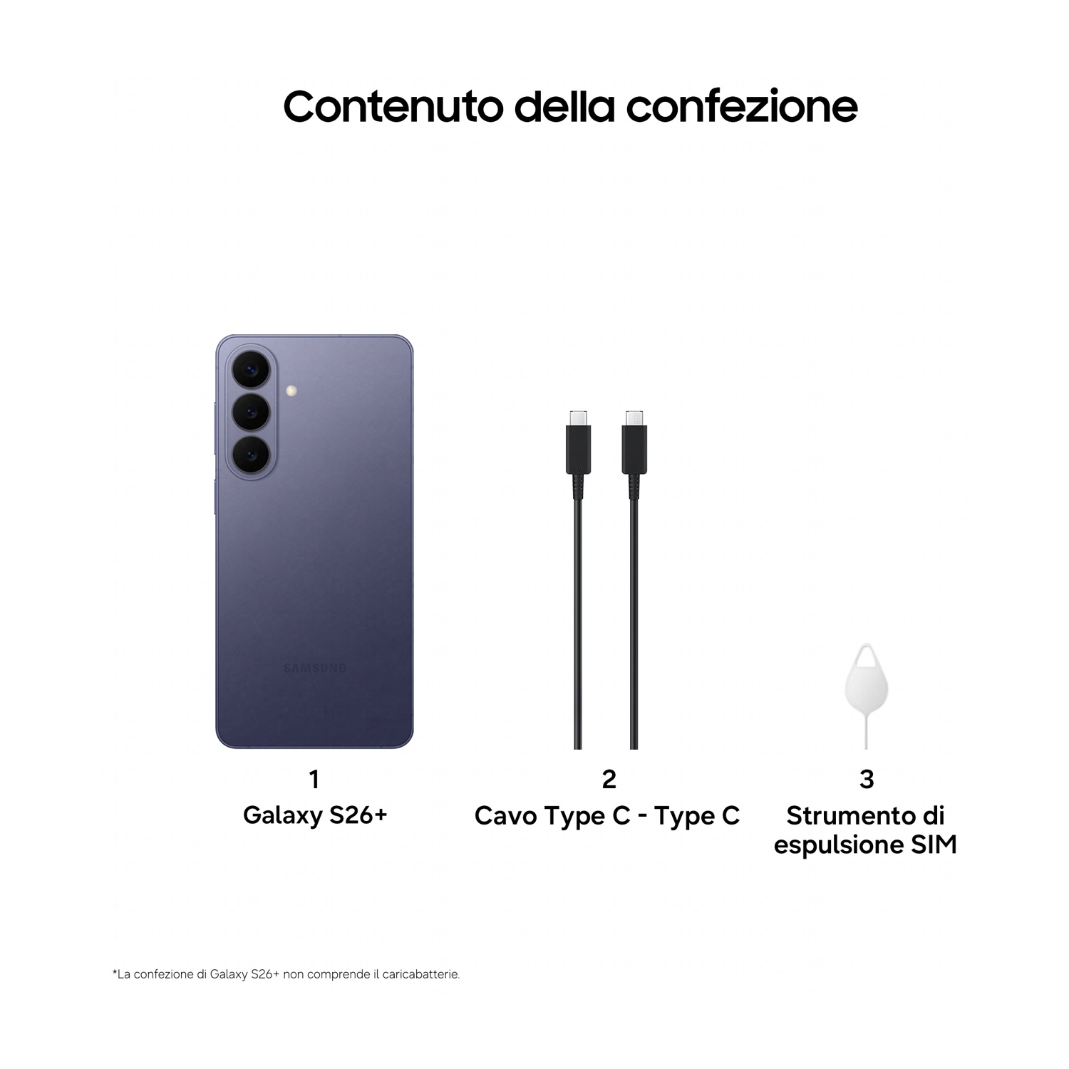 Un Samsung Galaxy S26+, due cavi USB-C e uno strumento espulsore SIM.