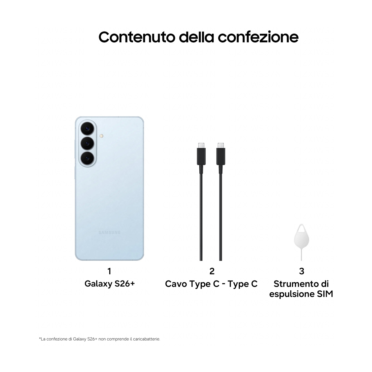 Contenuto della confezione: Galaxy S26+ azzurro, due cavi USB-C, strumento espulsione SIM.