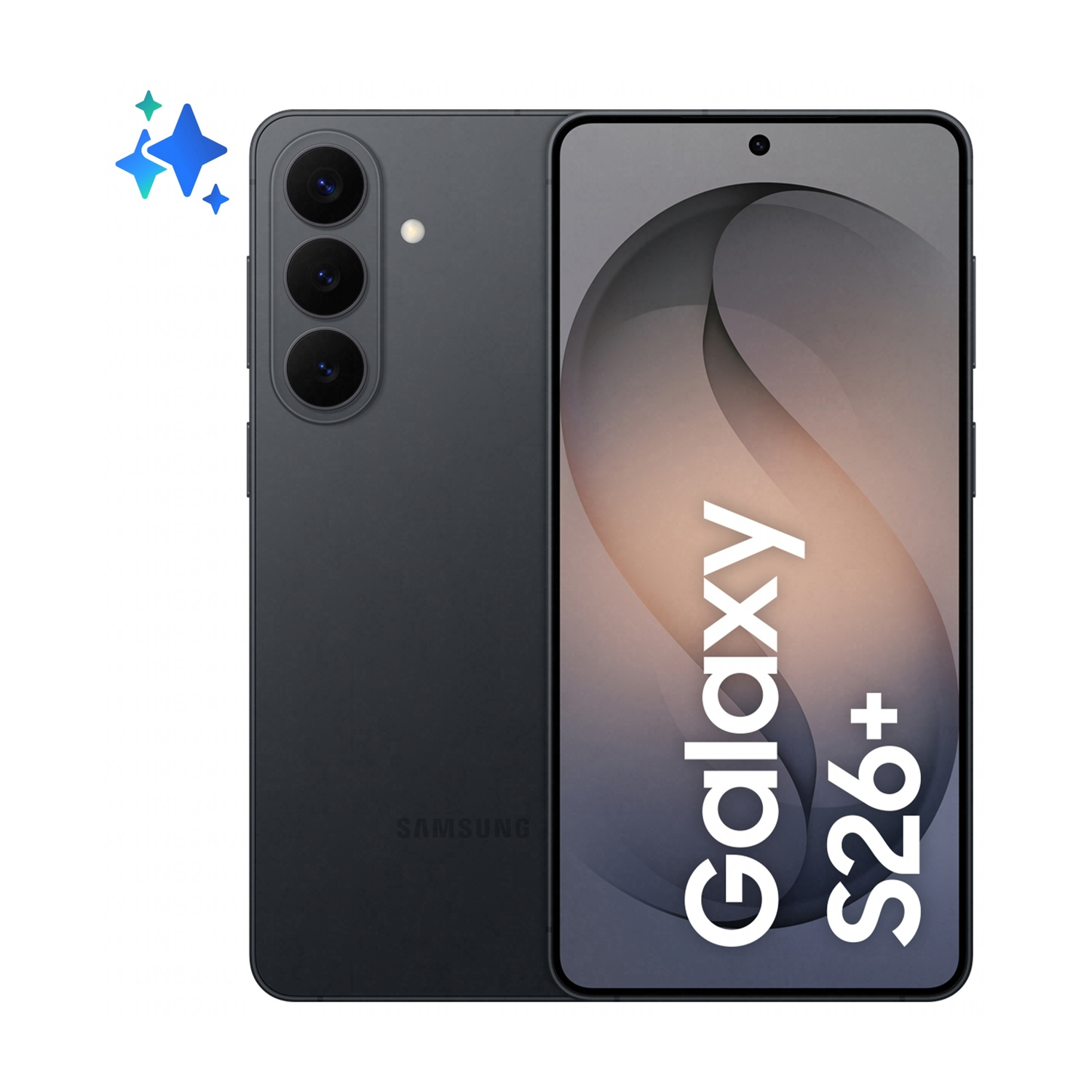 Un Samsung Galaxy S26+ scuro con tre fotocamere sul retro.