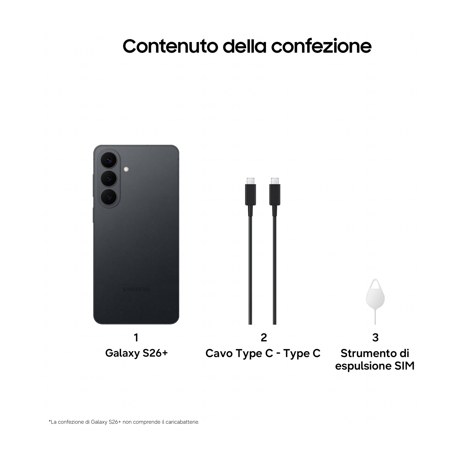 Galaxy S26+, cavo USB-C e strumento espulsione SIM inclusi.