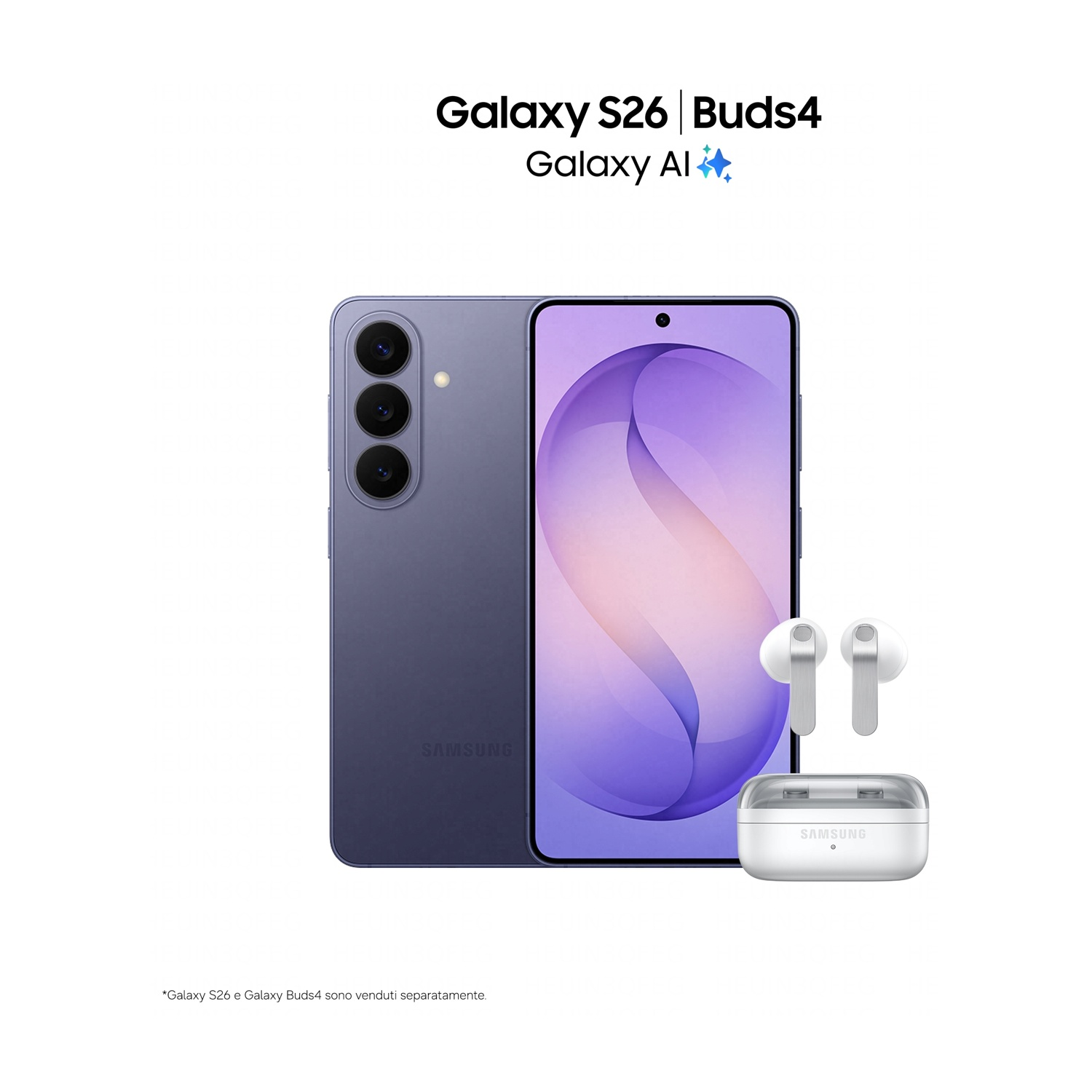 Un telefono Samsung Galaxy S26 viola con auricolari Galaxy Buds4.