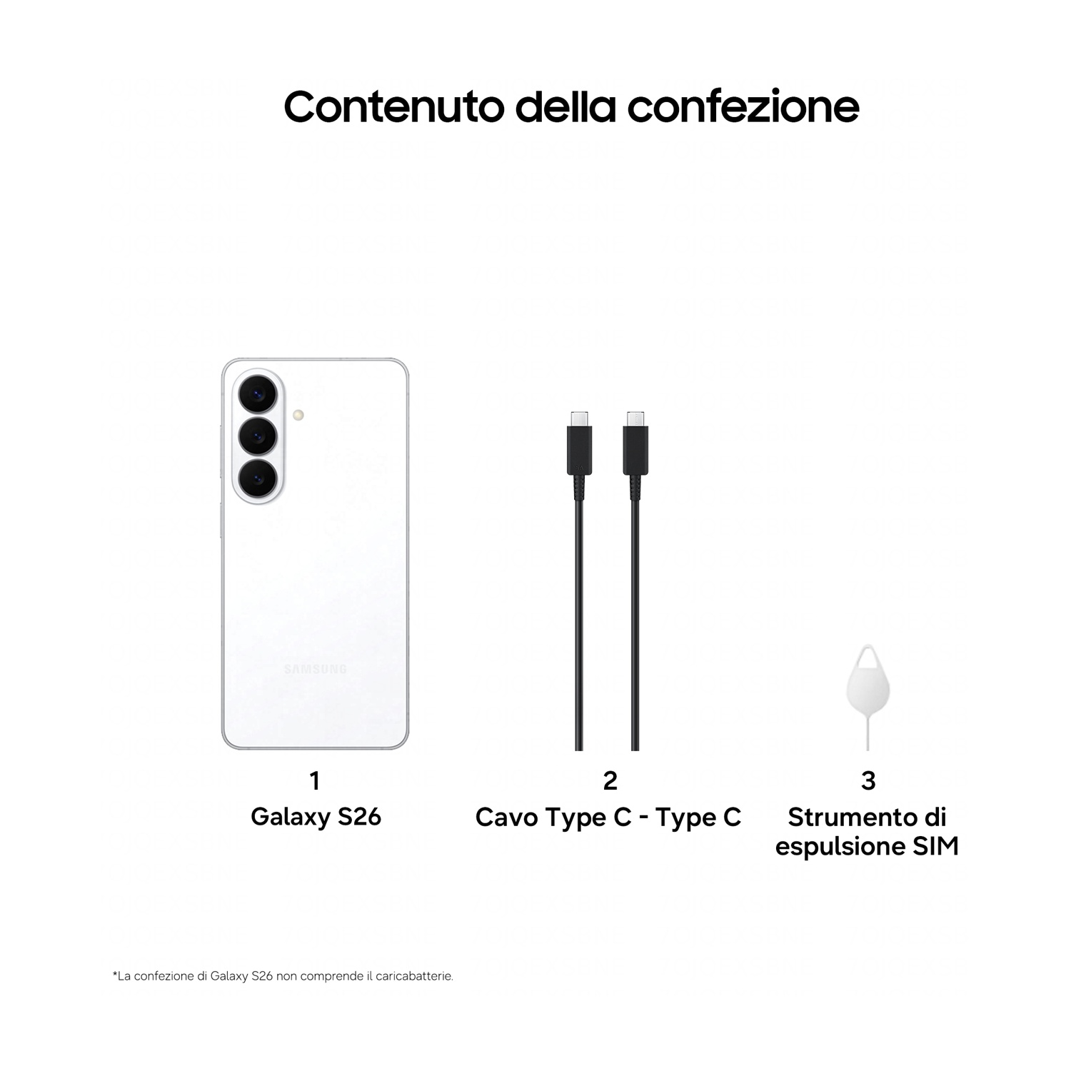 Contenuto della confezione: Galaxy S26 bianco, cavo USB-C, strumento espulsione SIM.