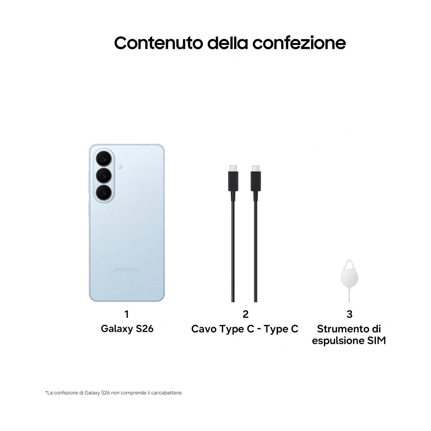 Un Galaxy S26, due cavi USB-C e uno strumento di espulsione SIM.