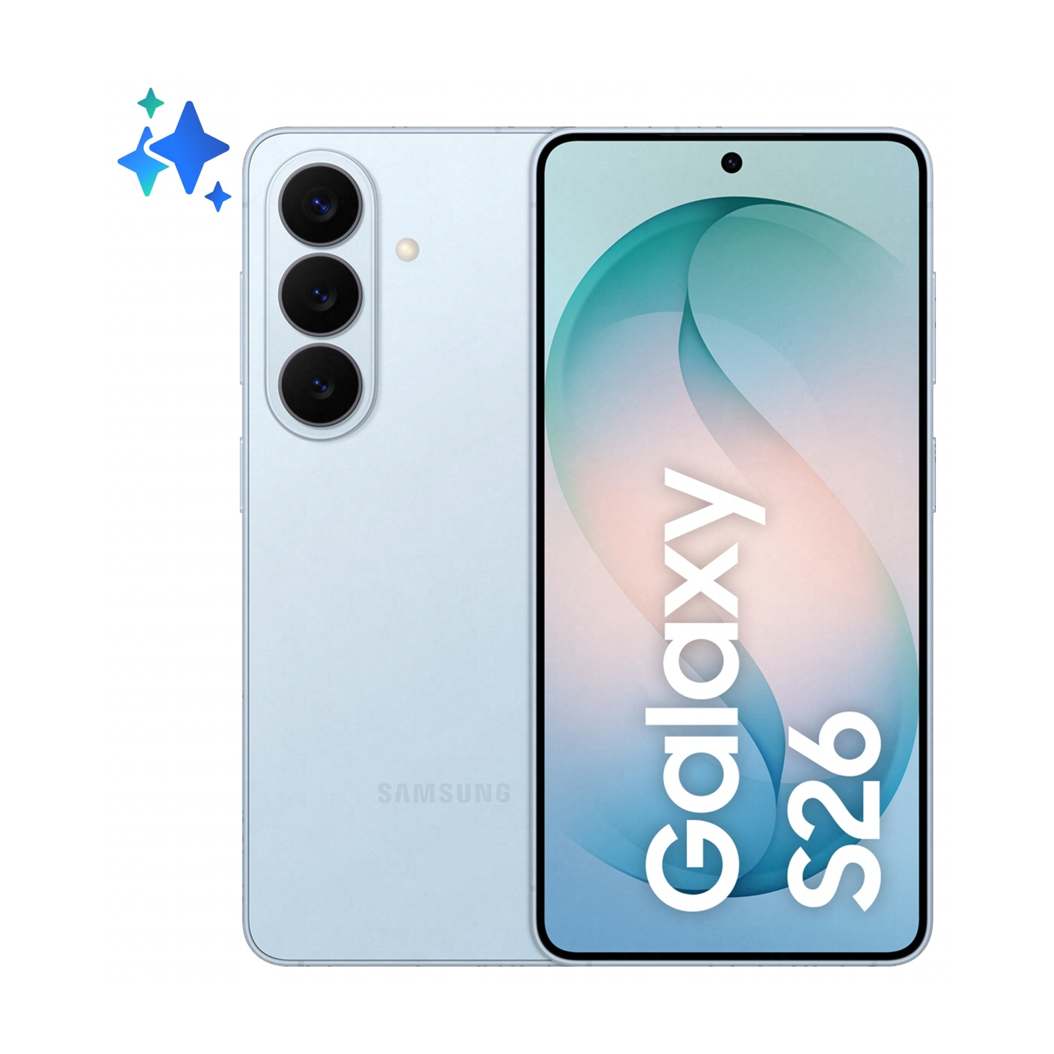 Uno smartphone Samsung Galaxy S26 azzurro con tre fotocamere.