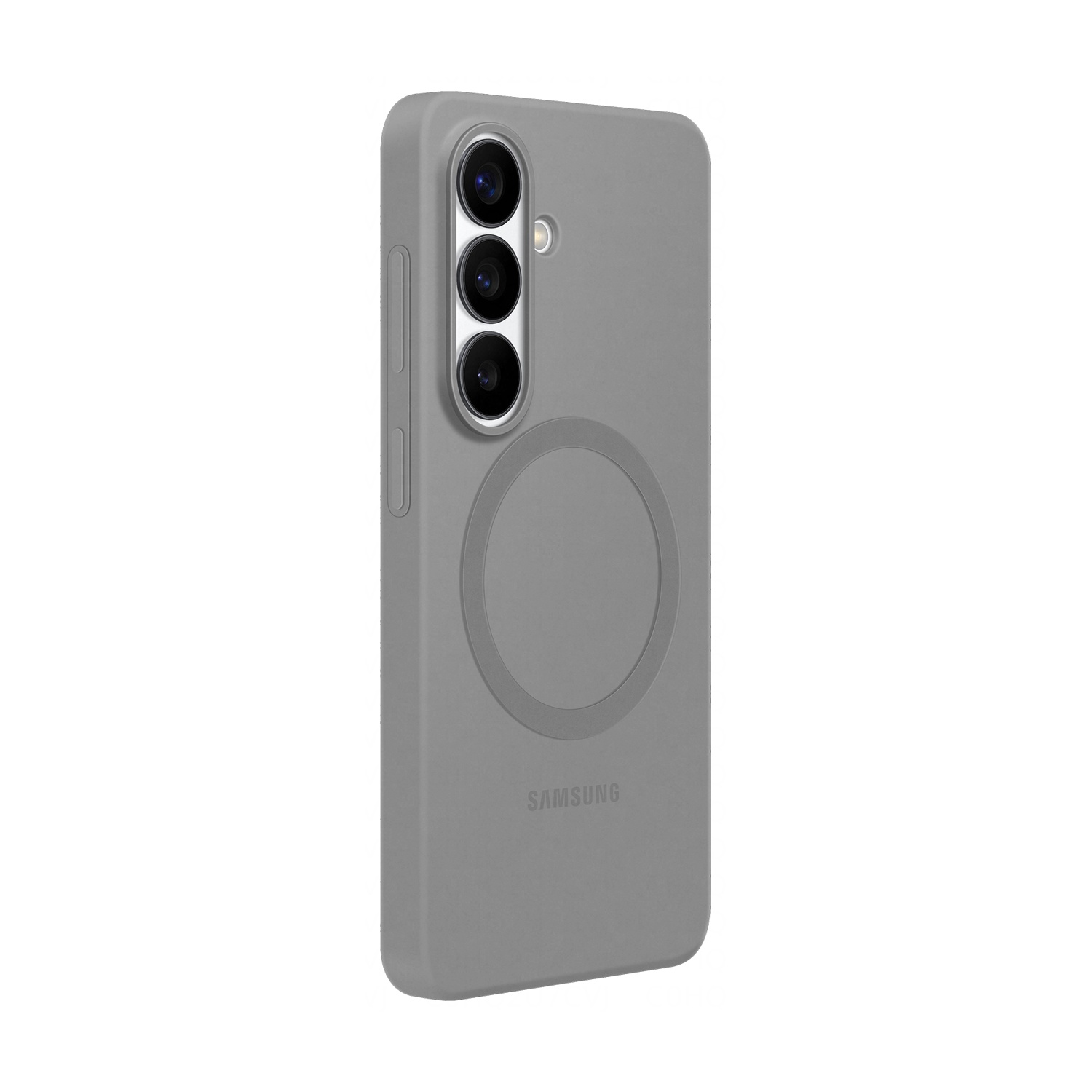 Cover grigia per telefono con tre lenti e logo Samsung.