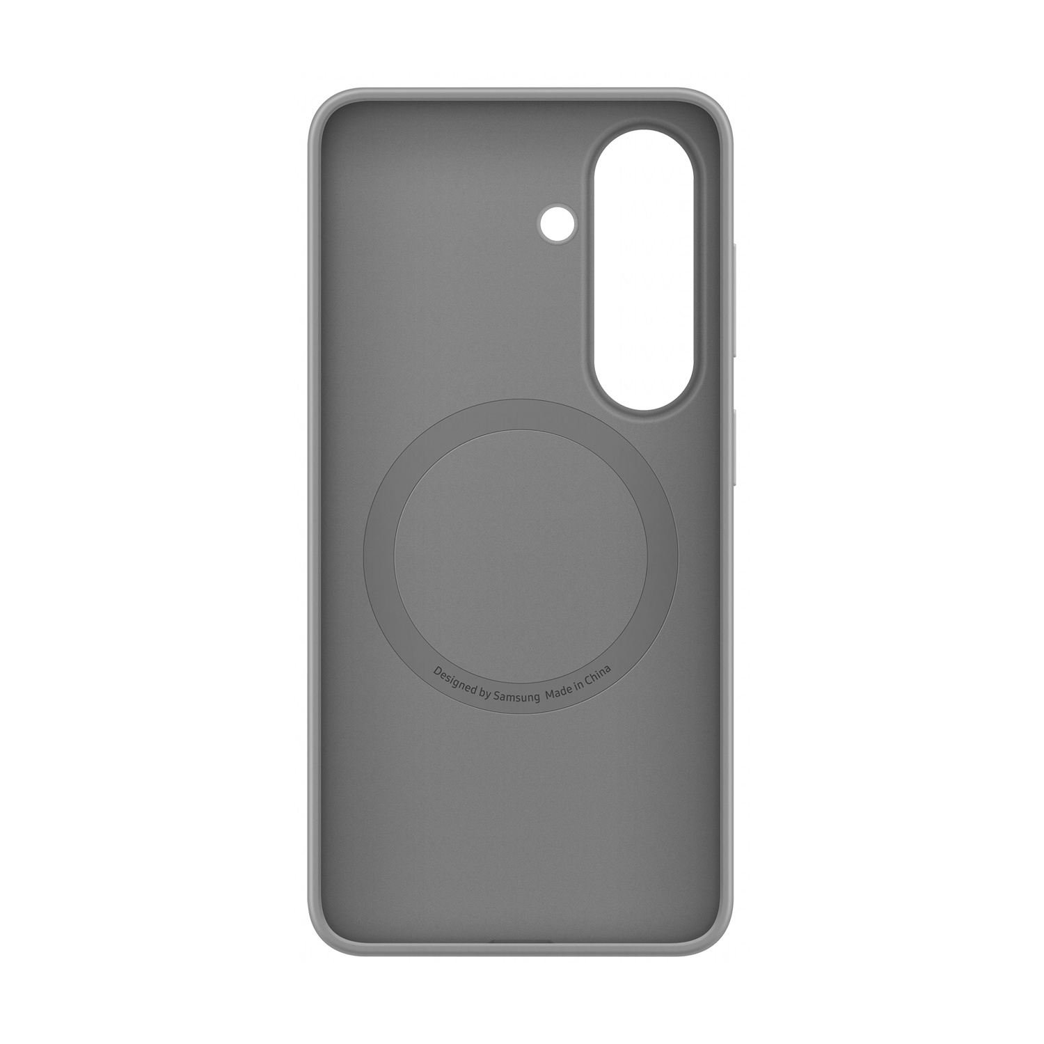 Custodia grigia per telefono con ritagli per fotocamera e pulsanti. Anello magnetico visibile.