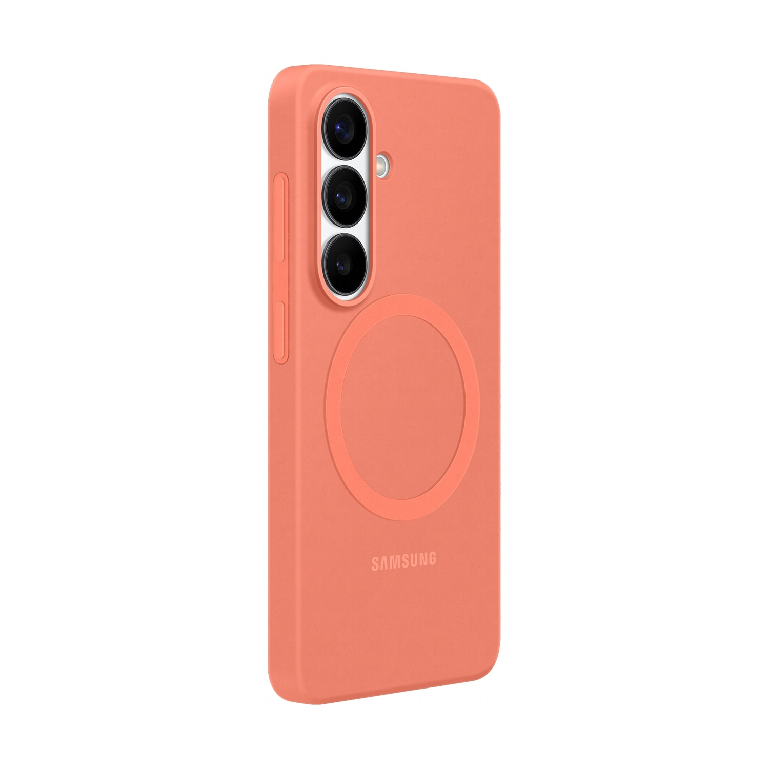 Una cover corallo per telefono con tre fotocamere e un anello magnetico circolare.