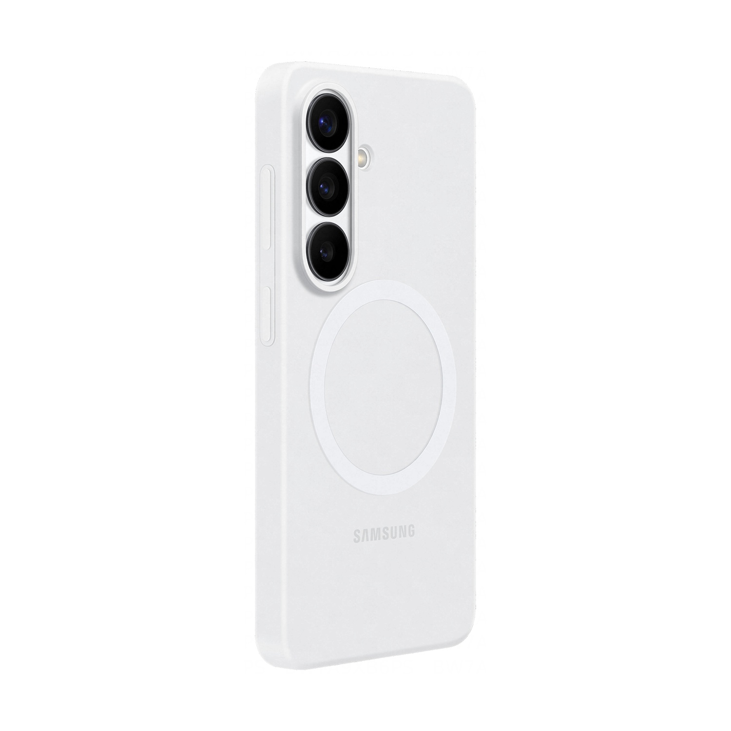 Uno smartphone bianco con tre fotocamere e un cerchio tondo.