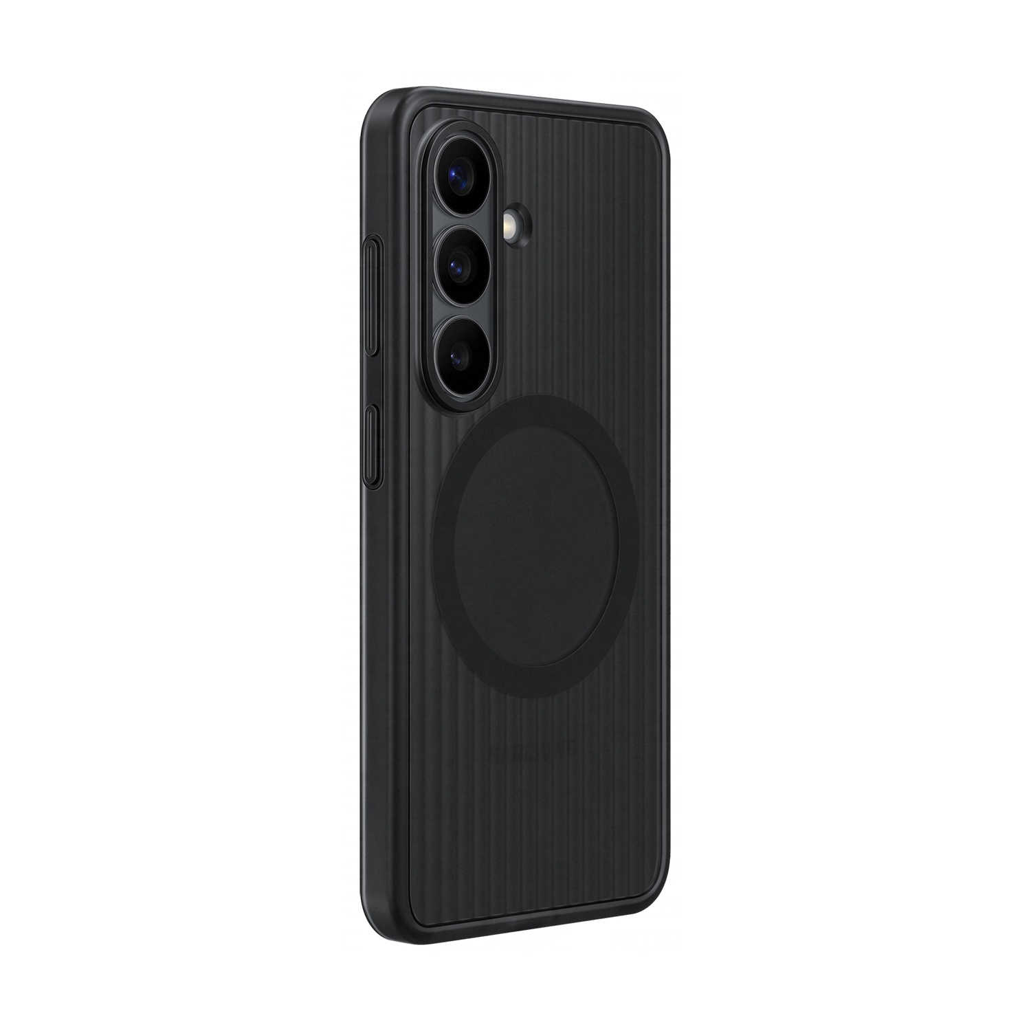 Smartphone nero con tre fotocamere e un magnete circolare.