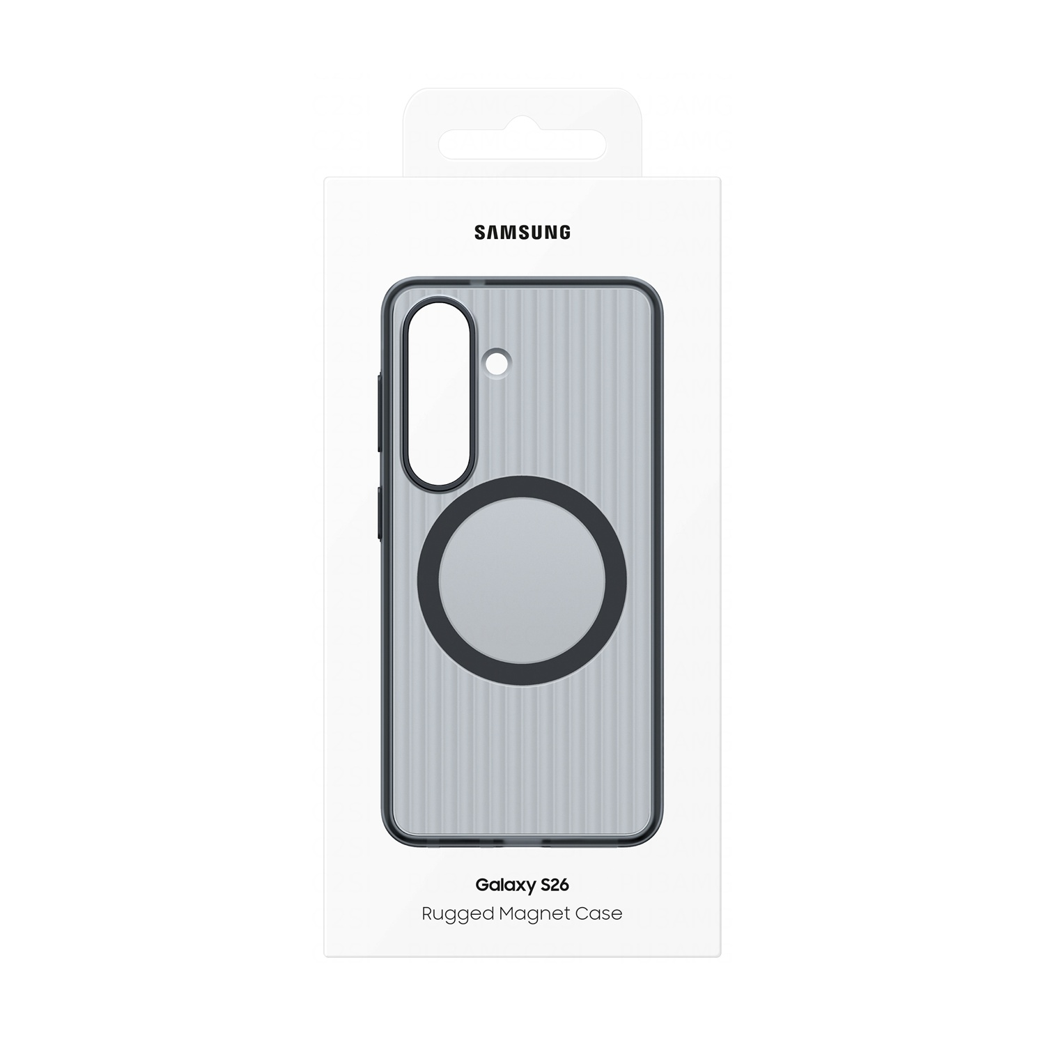 Custodia grigia Samsung Galaxy S26 con motivo a coste e anello magnetico.