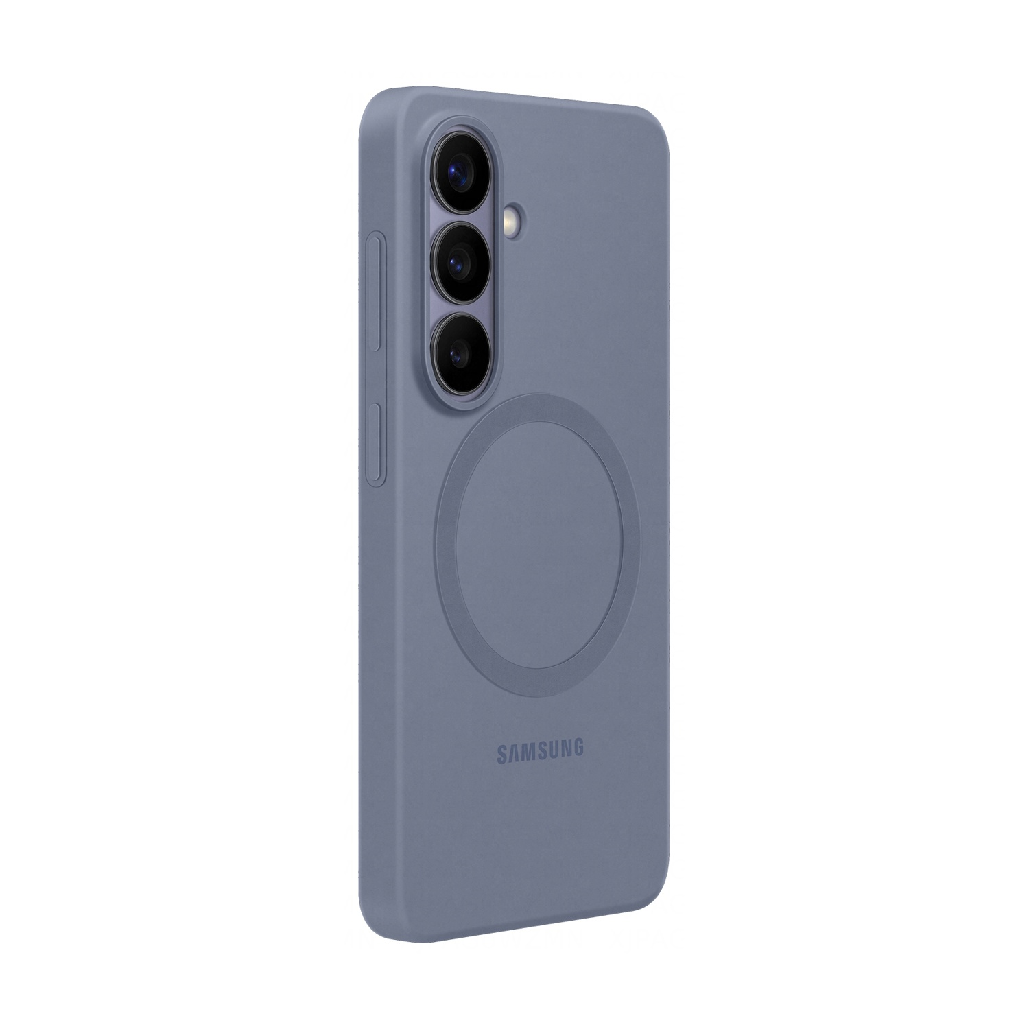 Custodia grigia per telefono con modulo fotocamera e logo Samsung. Cerchio magnetico.
