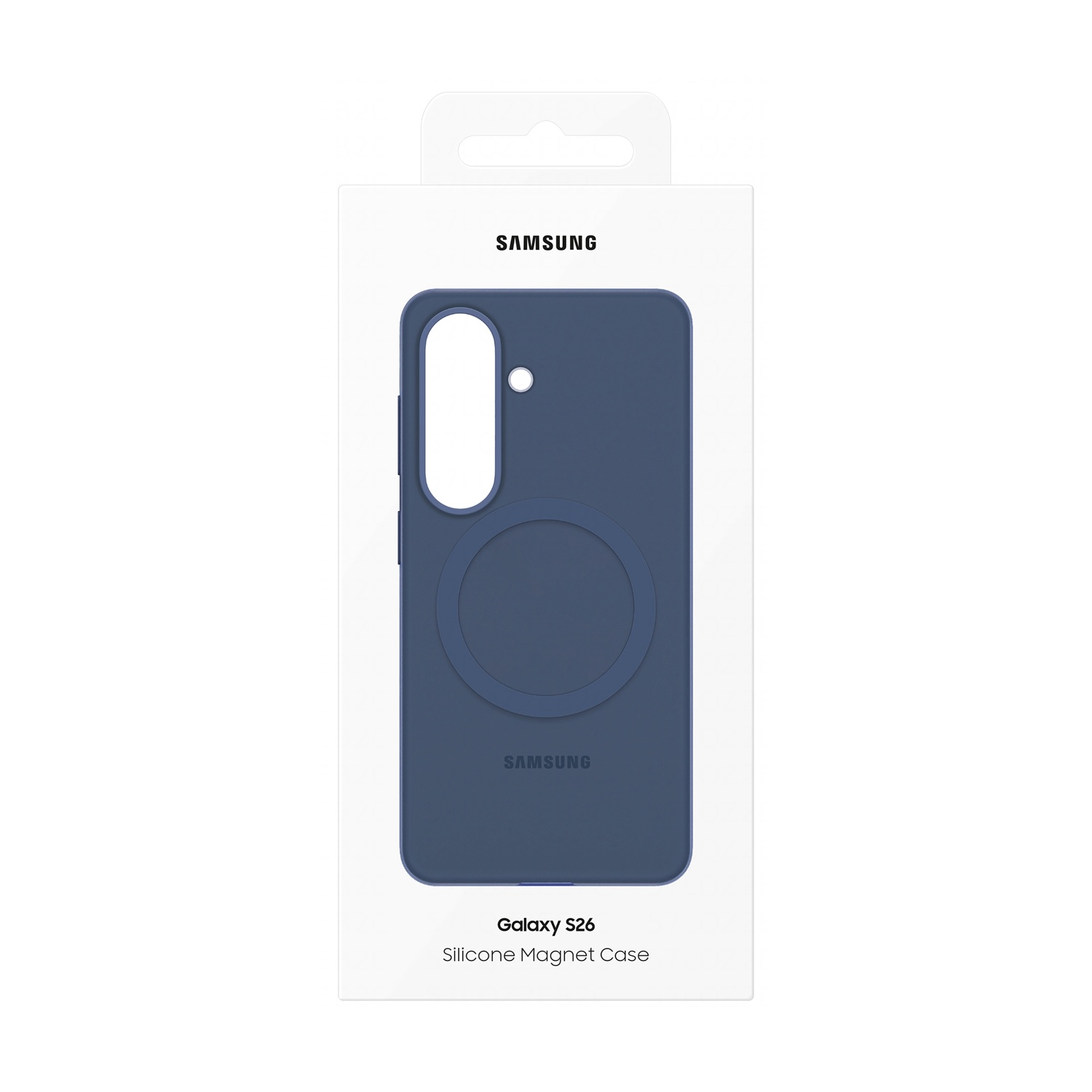 Custodia blu Samsung Galaxy S26 con anello magnetico su confezione bianca.