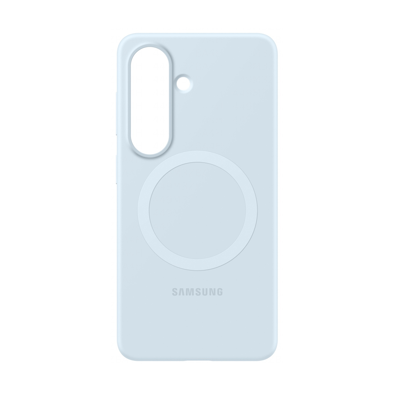 Una cover azzurra per telefono con logo Samsung e anello circolare.