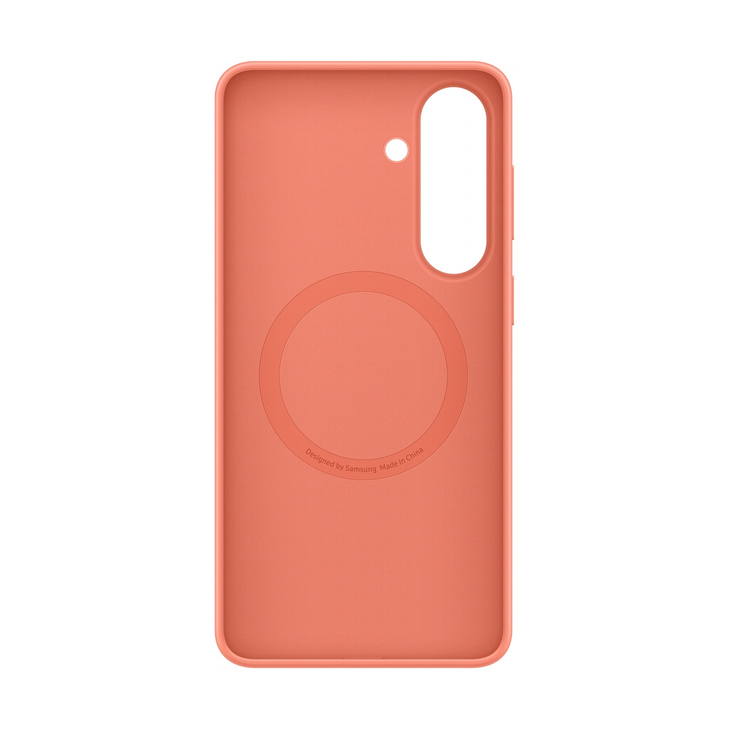 Una cover per telefono color corallo con un'area magnetica circolare sul retro.