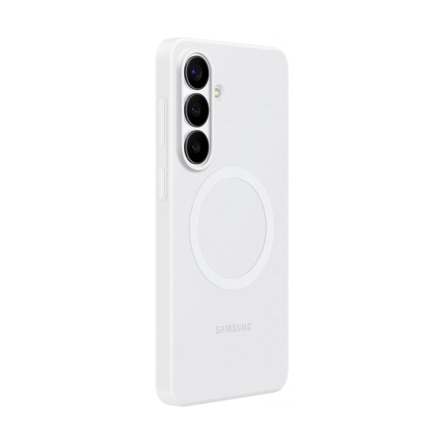 Custodia bianca per telefono con tre fotocamere e logo Samsung.