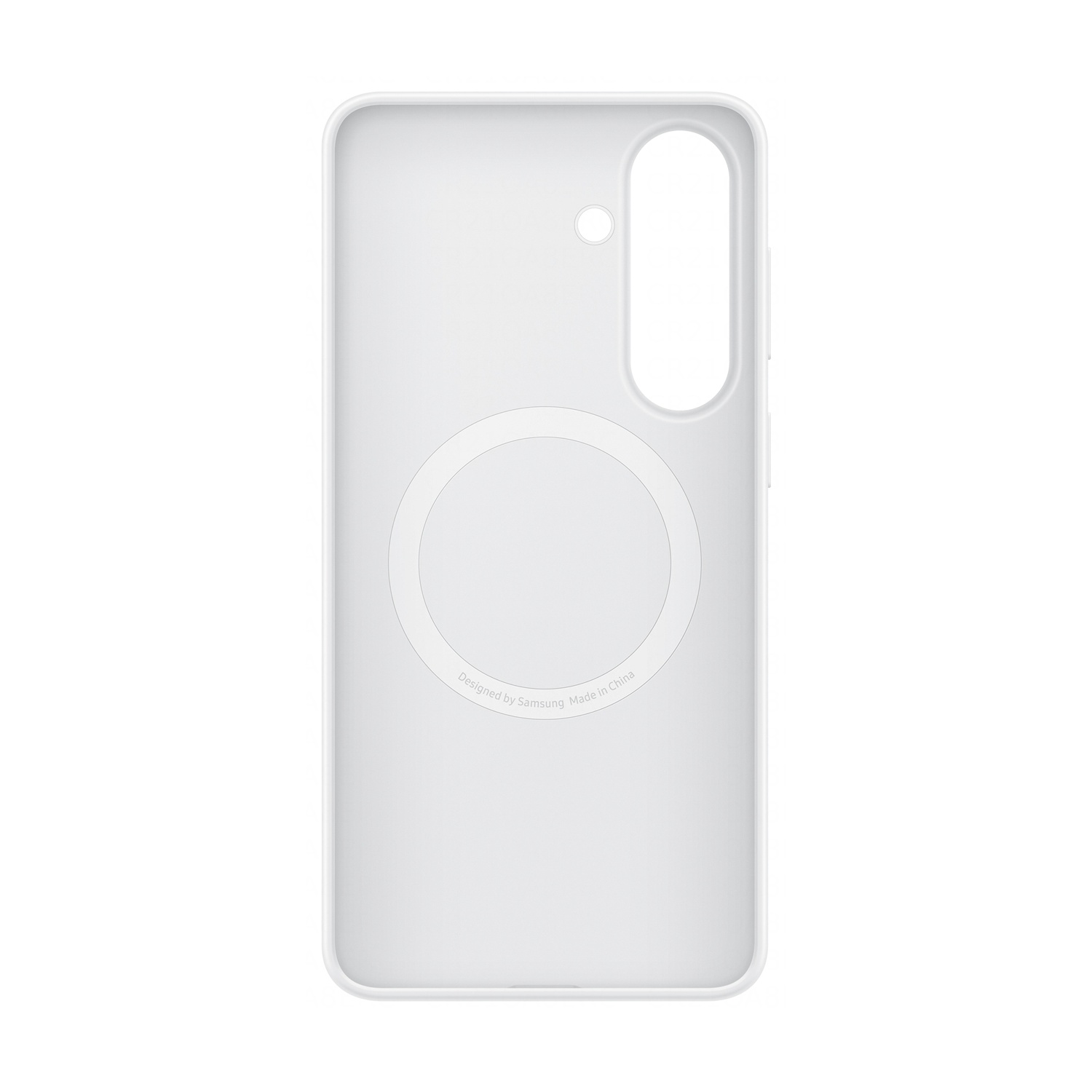 Custodia bianca per telefono con ritaglio fotocamera e cerchio magnetico.