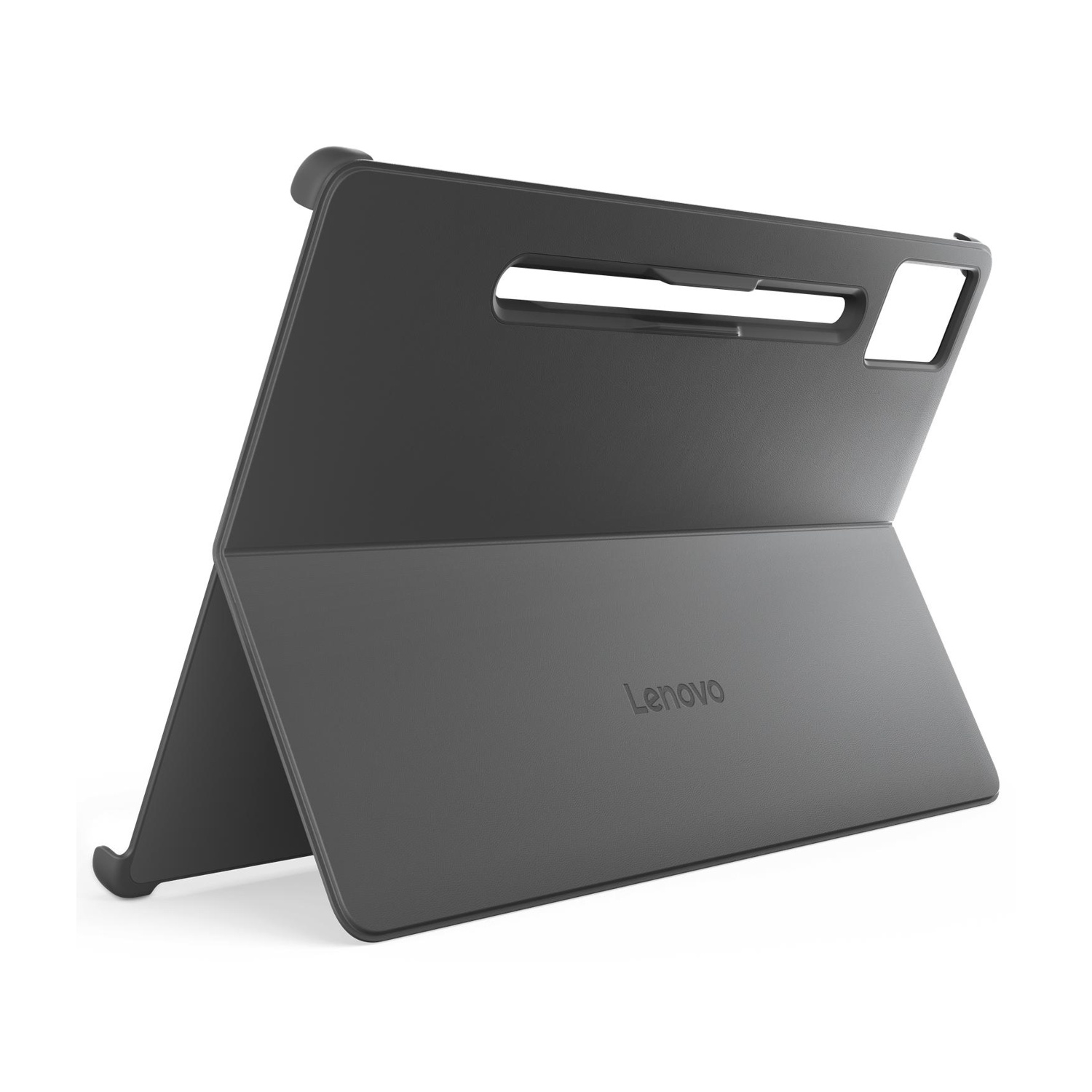 Una custodia grigia per tablet Lenovo con funzione cavalletto è mostrata su sfondo bianco.
