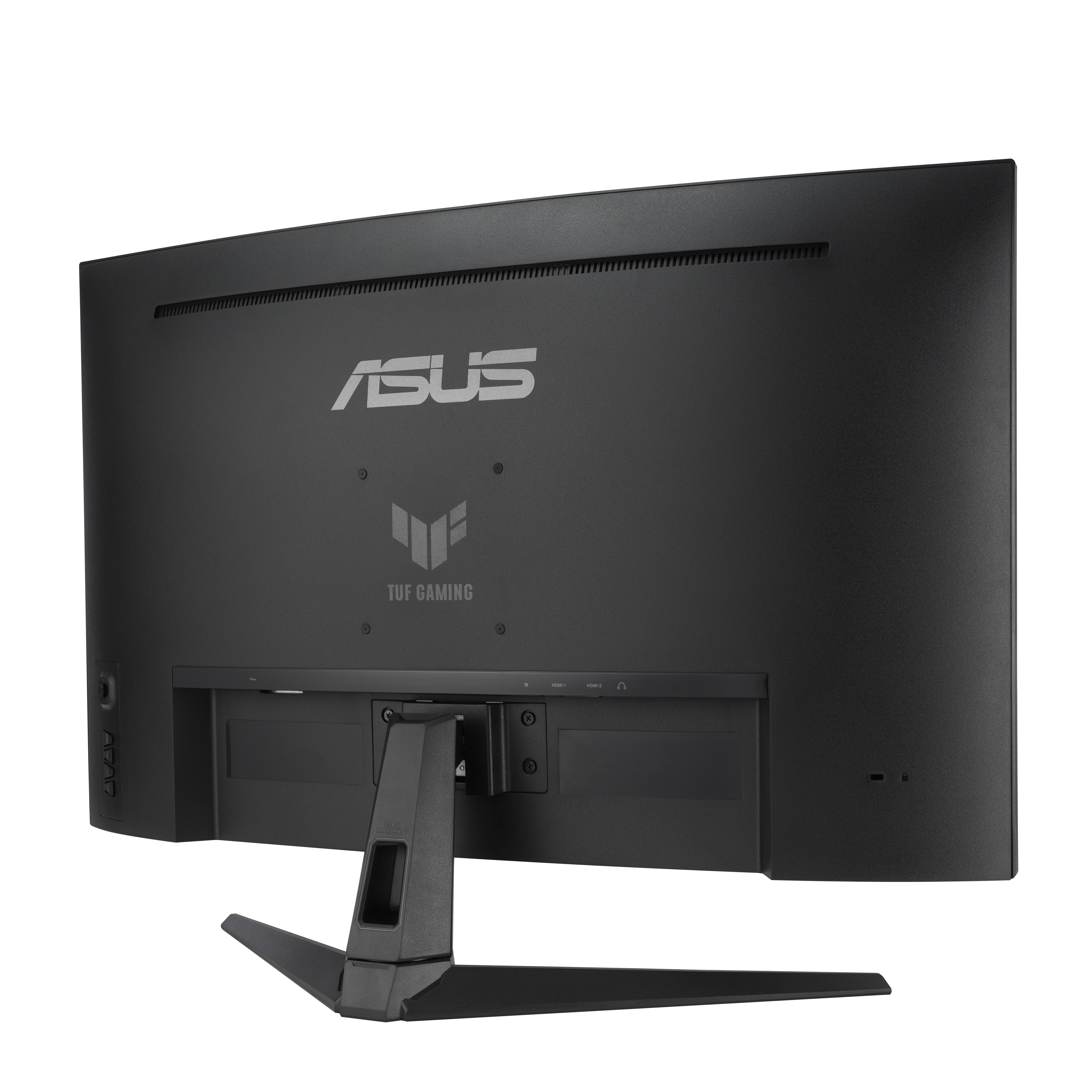 Rückansicht eines schwarzen Asus TUF Gaming Monitors mit Anschlüssen und Ständer.