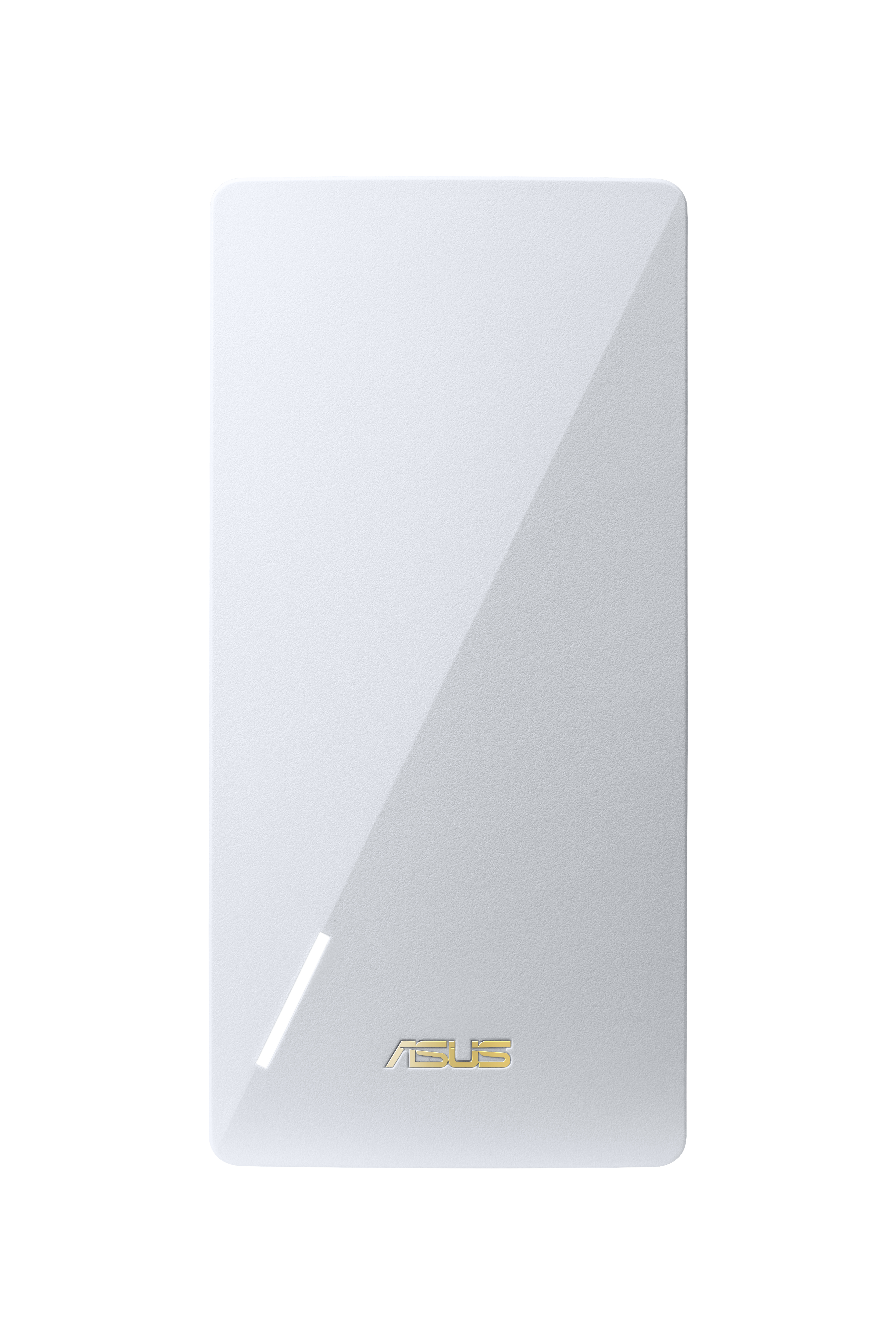 Ein weißes Asus-Gerät mit goldenem Logo und reflektierender Oberfläche.