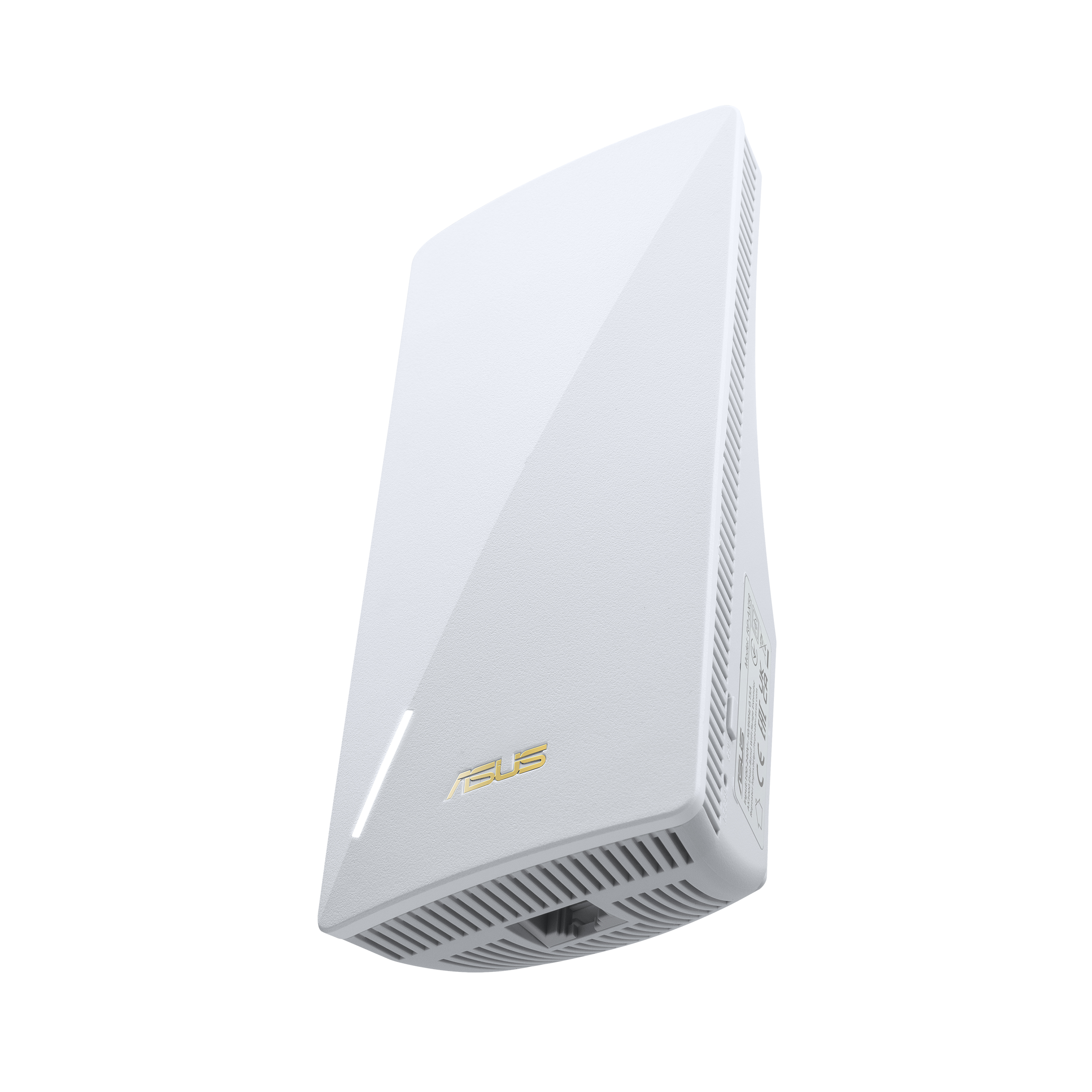 Ein weißer Asus WLAN-Repeater mit Lüftungsschlitzen und einem LAN-Anschluss.