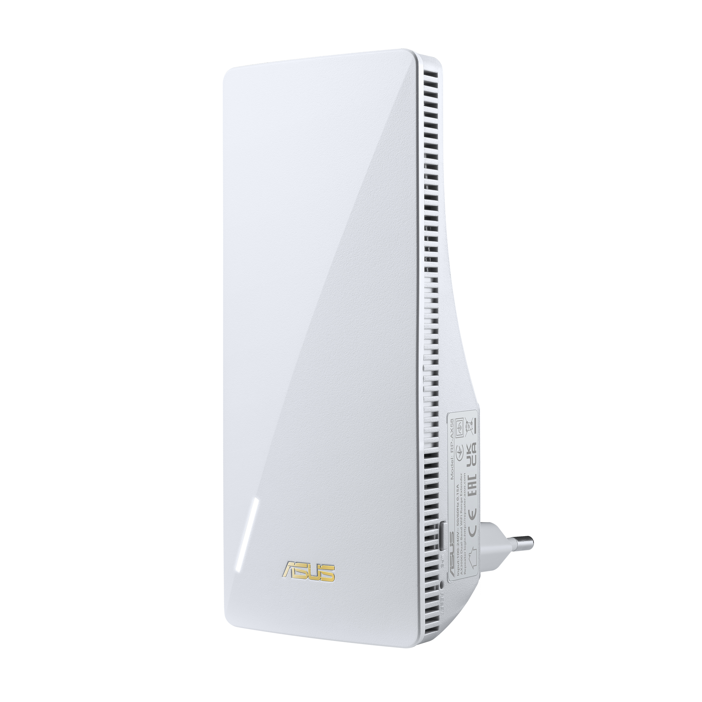 Ein wei'er ASUS WiFi-Extender mit goldenem Logo und Lüftungsschlitzen.