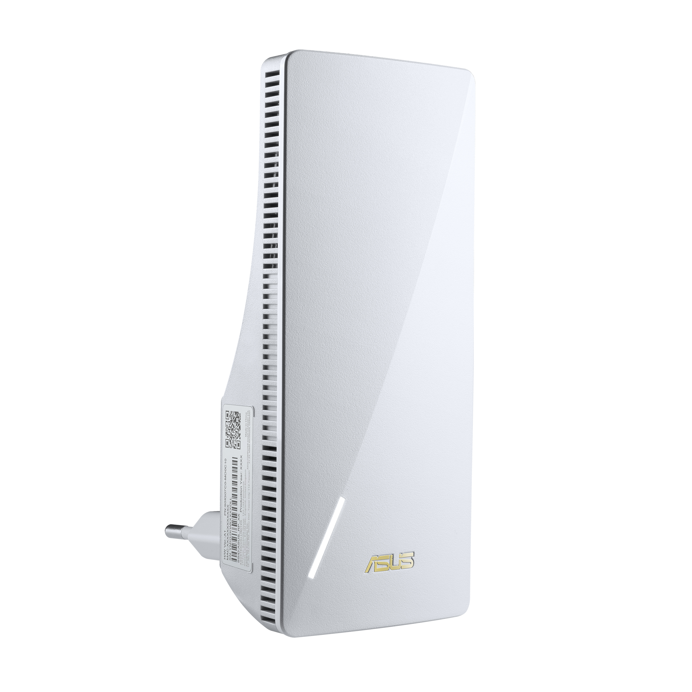 Ein weier ASUS WLAN-Repeater mit goldenem Logo und Lftungsschlitzen.