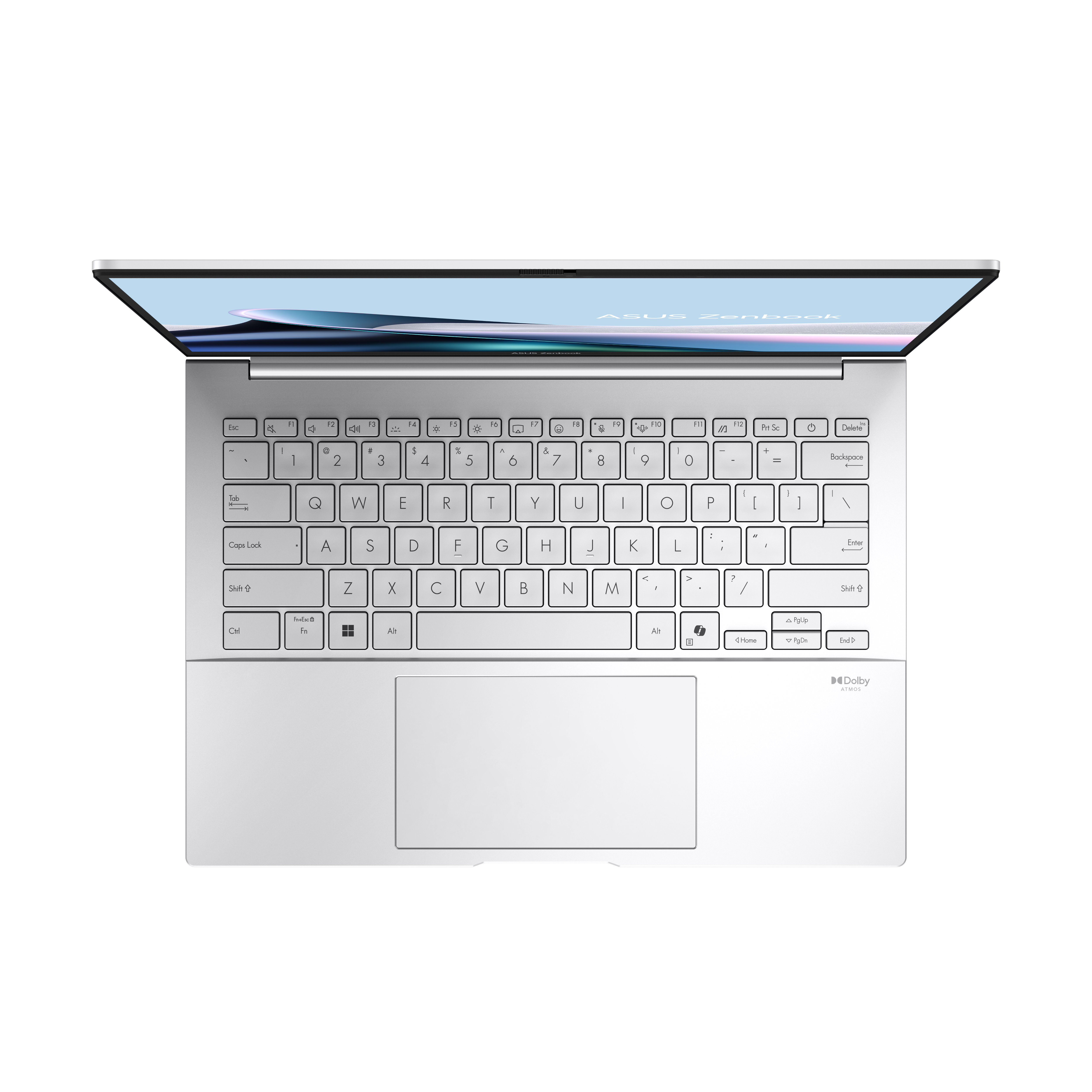 Gümüş renkli Asus Zenbook dizüstü bilgisayar, üstten görünüm, klavye ve dokunmatik yüzey.