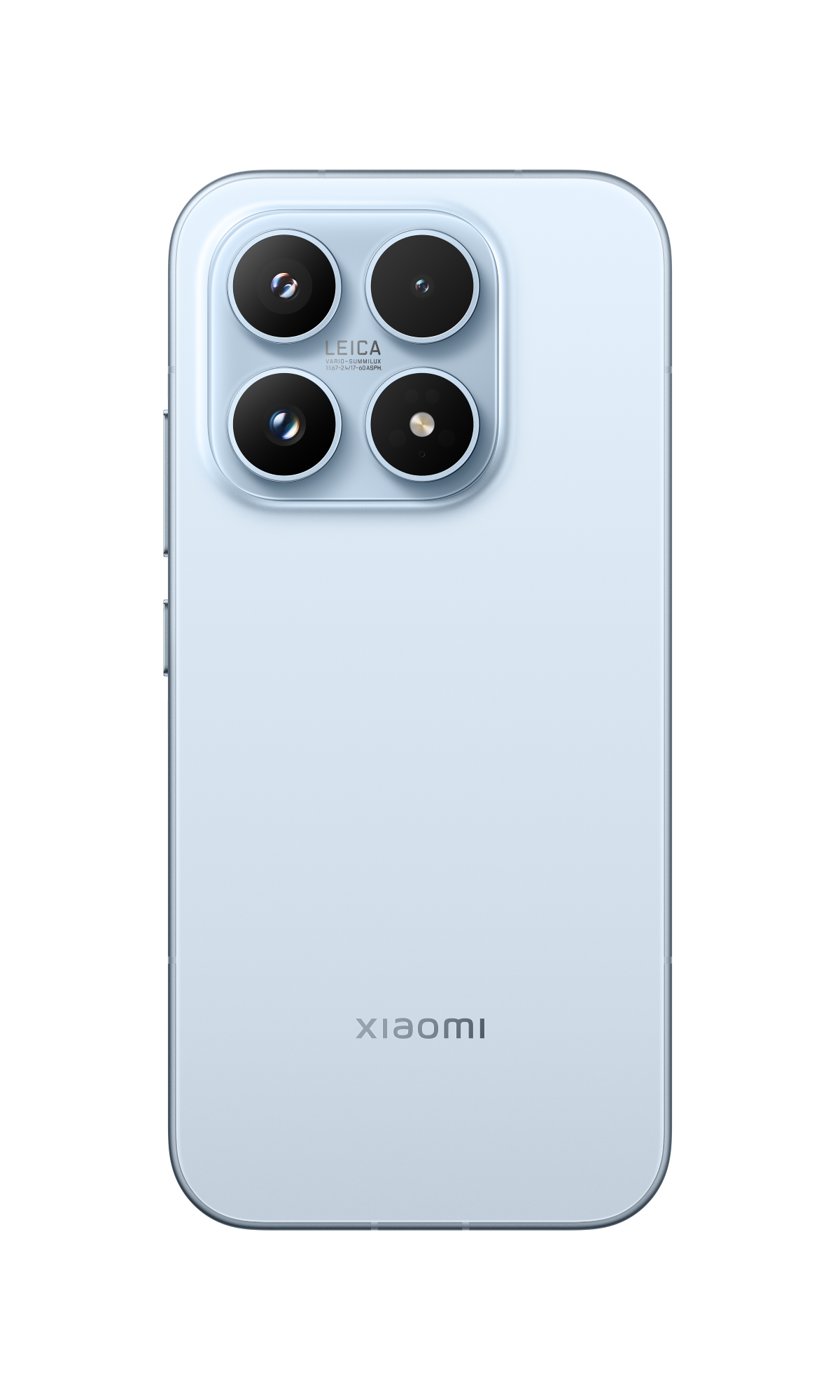 Dört kameralı açık mavi akıllı telefon ve Xiaomi logosu.