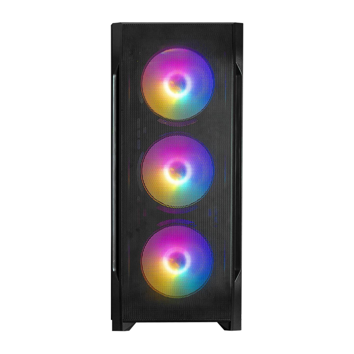 Önde üç RGB fanlı siyah bilgisayar kasası.