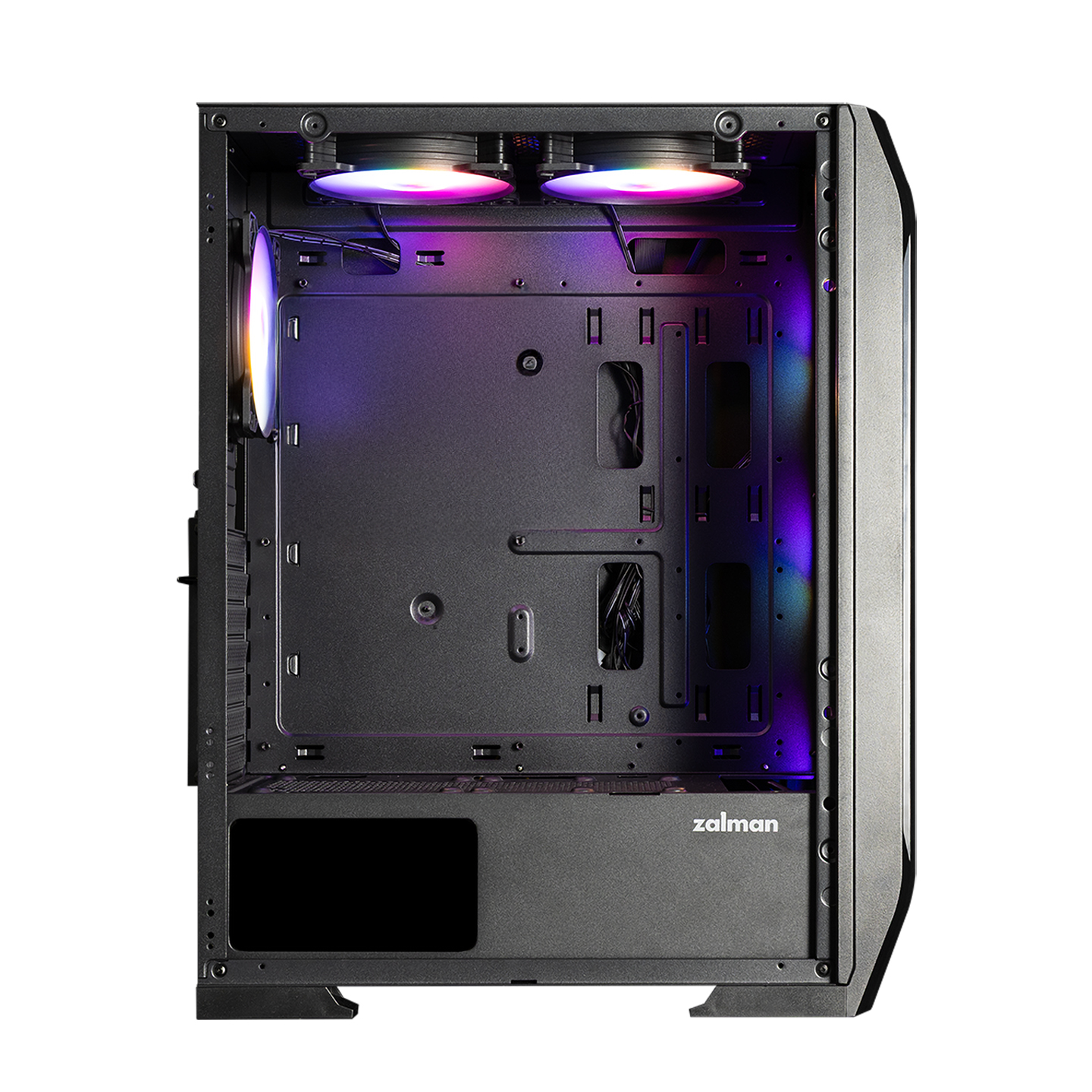 RGB fanlar ve kablo yönetim özelliklerine sahip açık PC kasası.