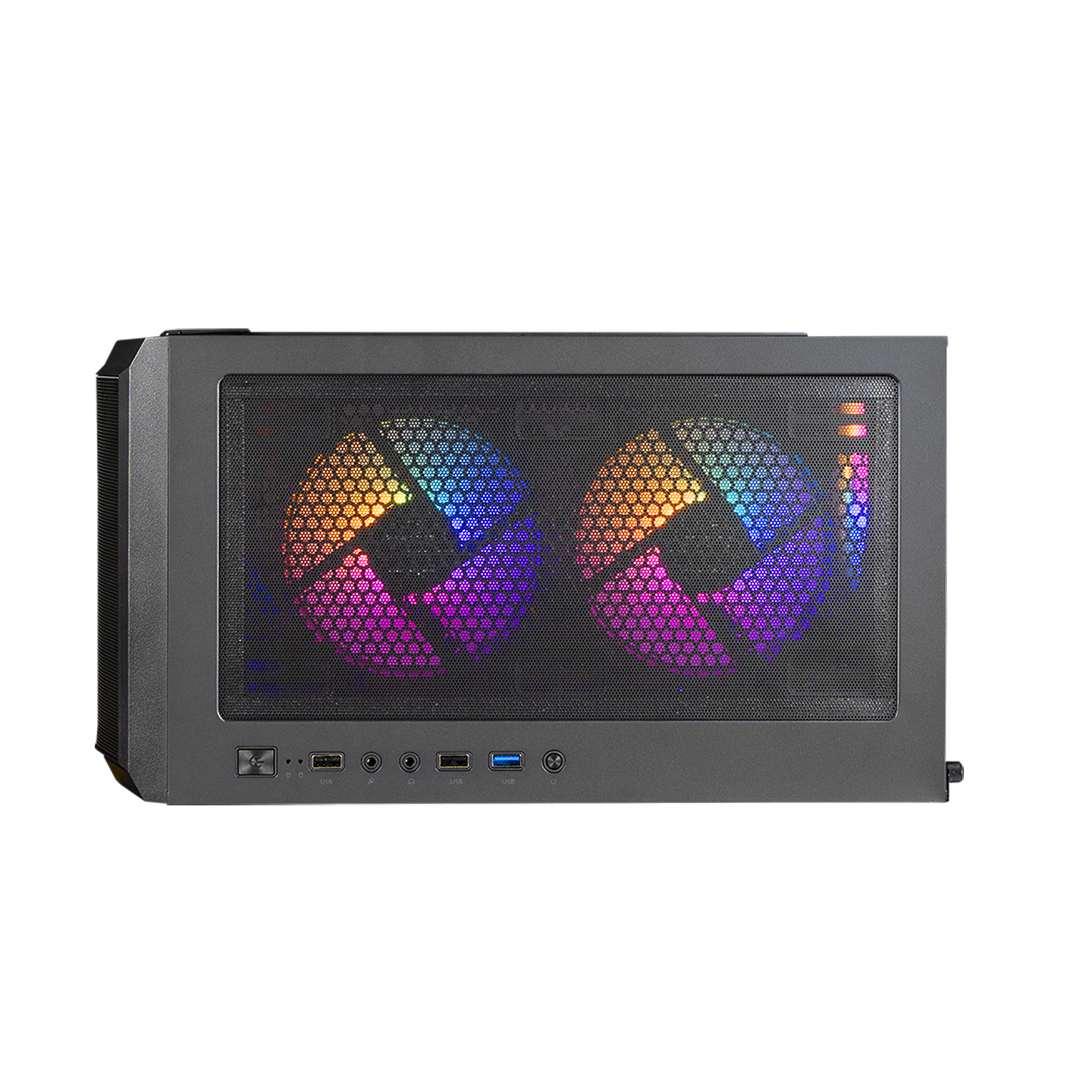 İki RGB fanlı ve portlu gri bilgisayar kasası.