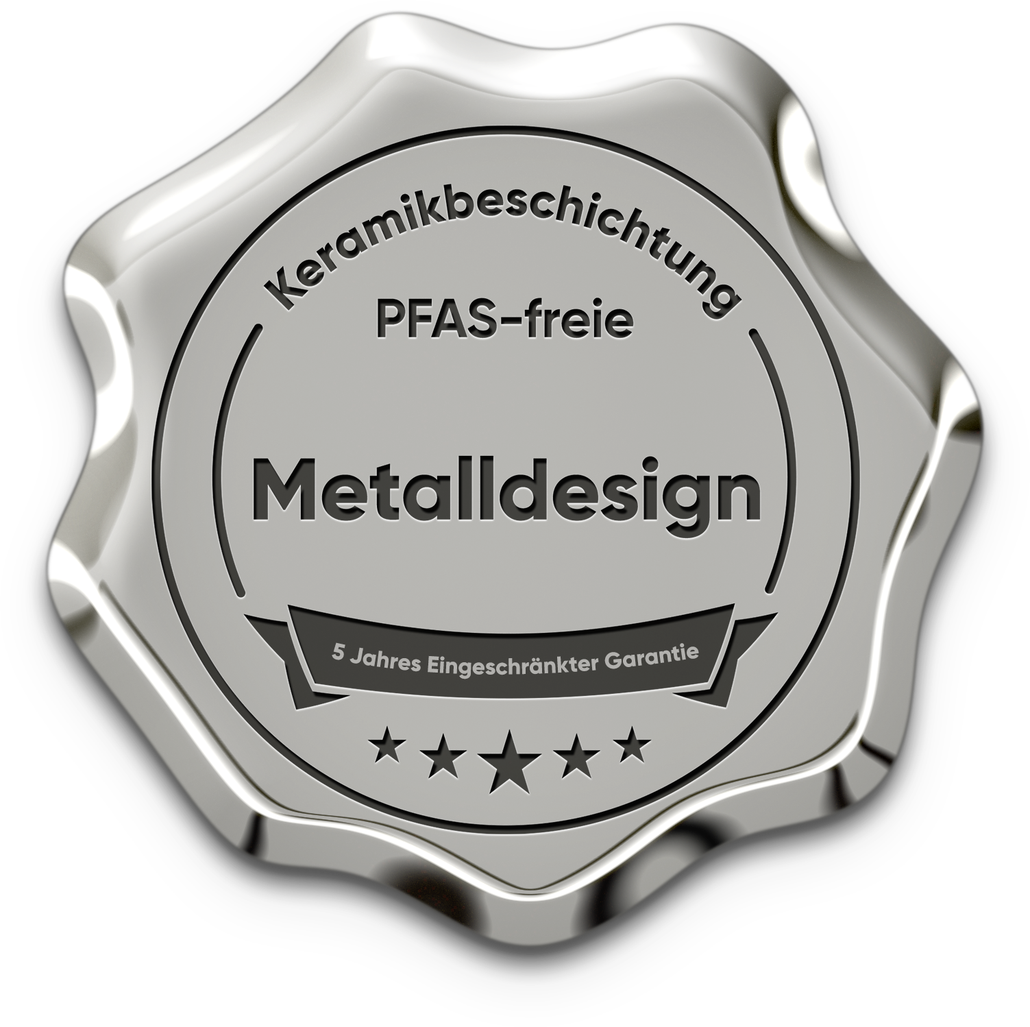 Silbernes Siegel mit "Keramikbeschichtung", "PFAS-freie", "Metalldesign" und 5 Sternen.