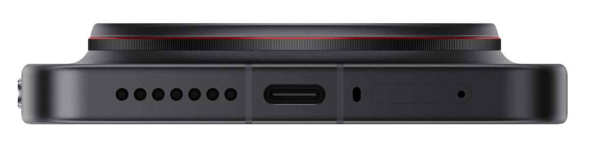 Kırmızı vurgulu koyu gri cihaz, USB-C bağlantı noktası, hoparlör ızgaraları.