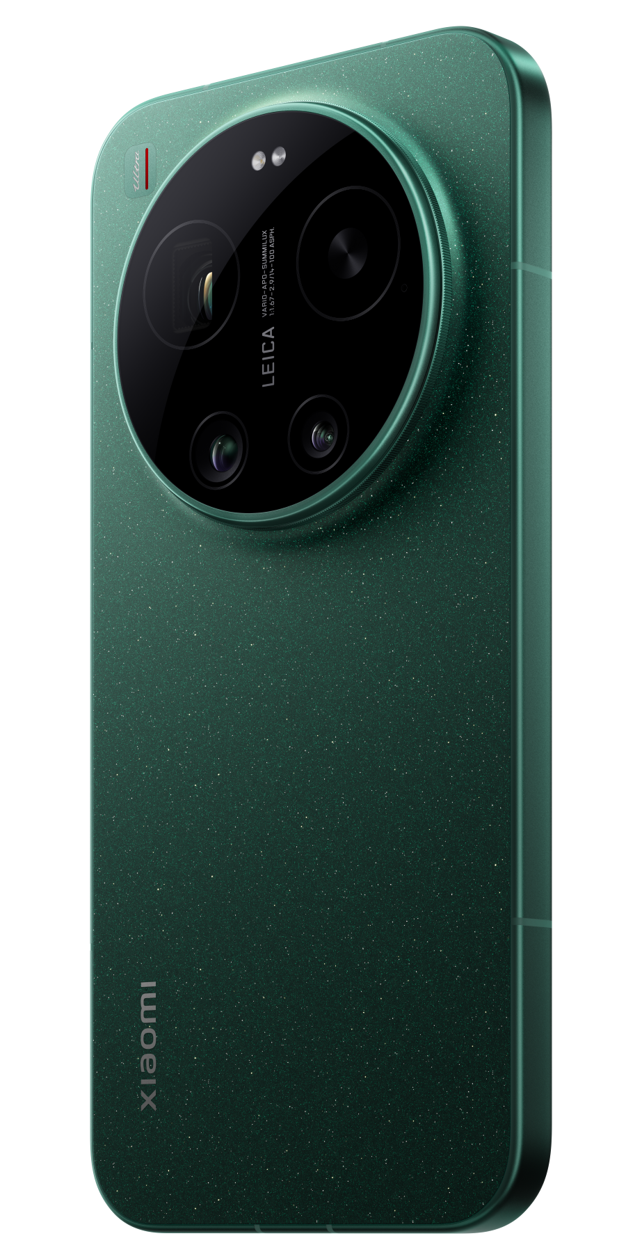 Siyah arka plan üzerinde Leica markalı, büyük kamera modüllü yeşil akıllı telefon.