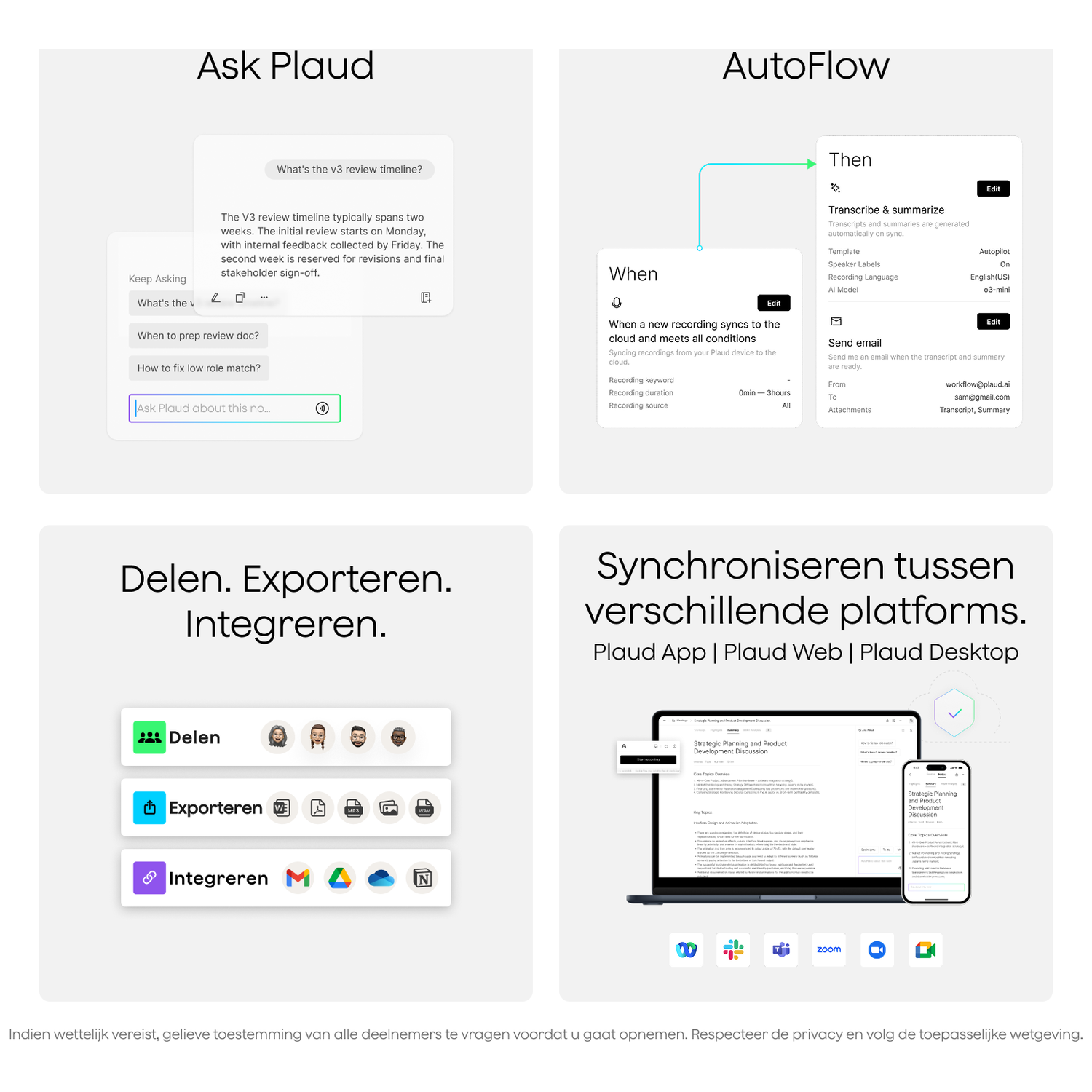 Mockups show an app interface, a chat simulation, and workflow options.