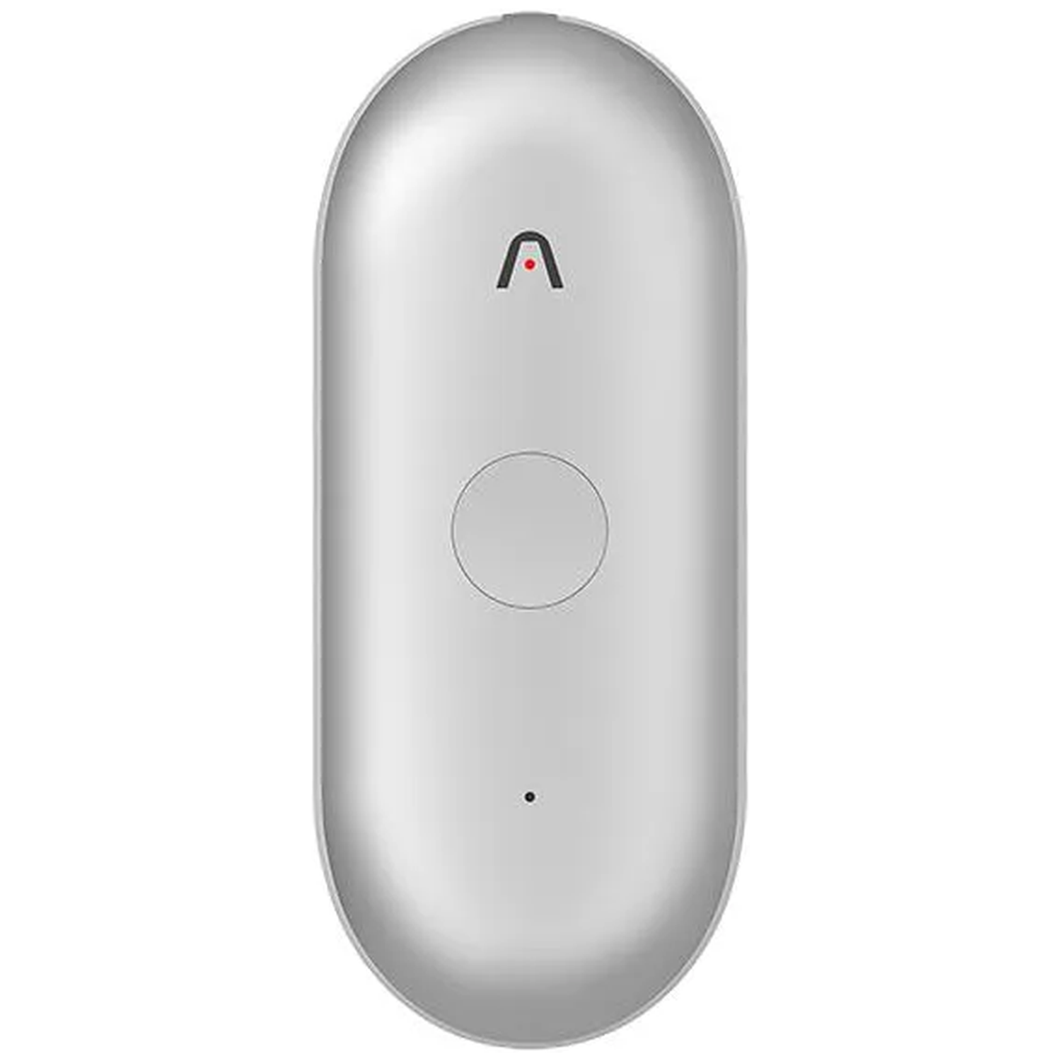 A white, oval-shaped device with a red symbol and a circle.