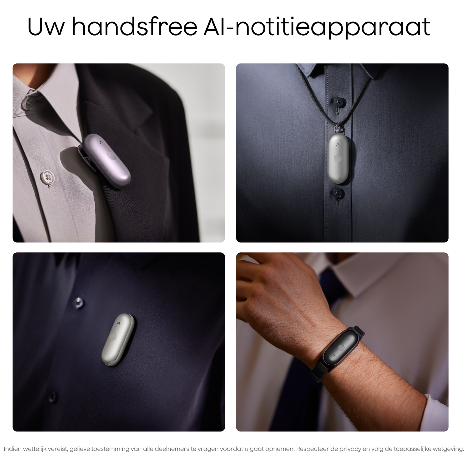 A silver device is clipped to a shirt and jacket.
